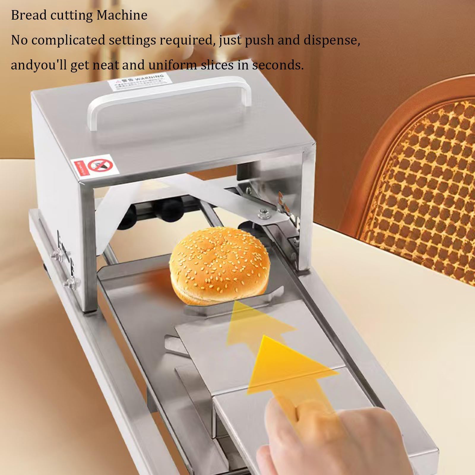 Máquina rebanadora de pan, hoja de acero inoxidable, diseño totalmente metálico, mango de fácil agarre para corte preciso de pan, bollos y sándwiches