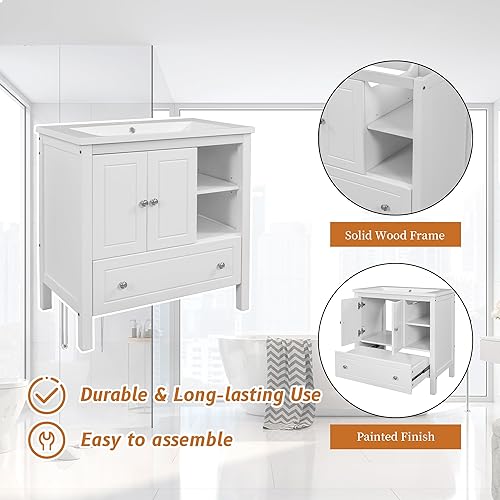 Miniatura 3 de Merax Juego de tocador de baño de 30 pulgadas con fregadero de cerámica armario con cajón y puertas marco de madera maciza con acabado pintado