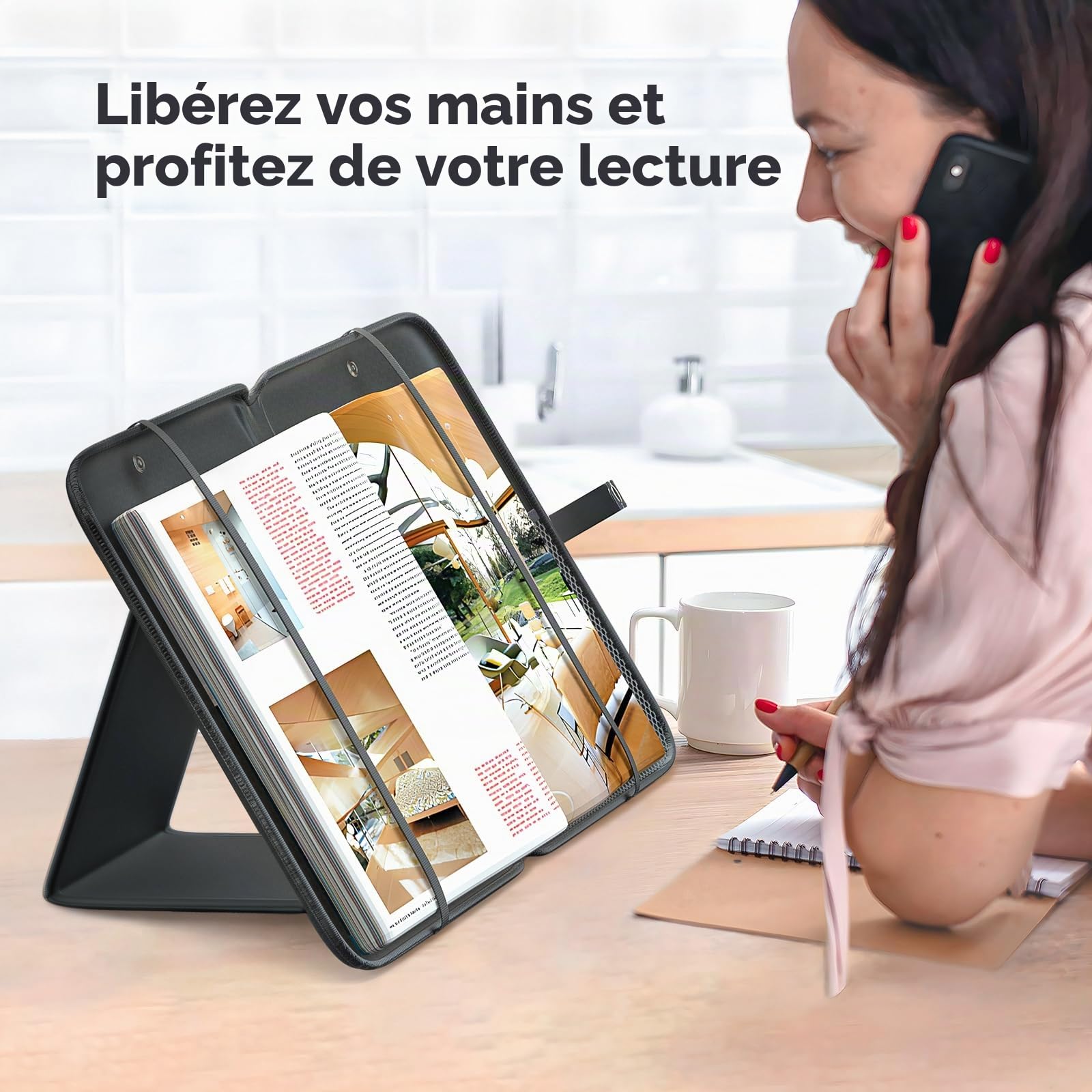 KDD 3 en 1 Support Livre Ouvert, Presentoir Livre Portable avec Sac de Rangement en Filet, Pupitre de Lecture avec 3 Fentes pour Stylos, Porte Livre Léger avec Sangle de Maintien Adapté à Tablette