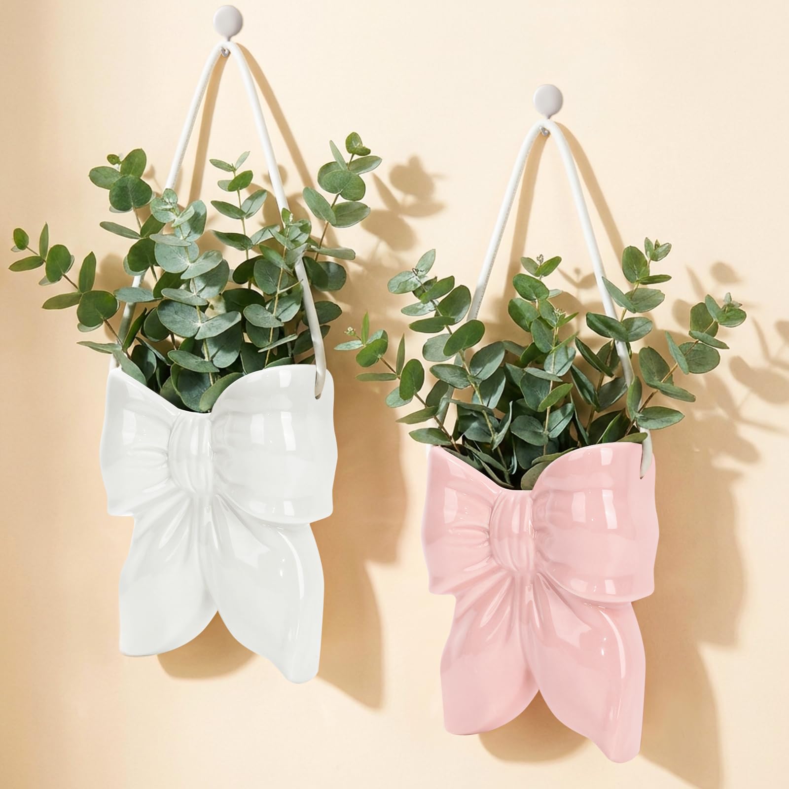 Butterfly Wall Decor Ceramic Hanging Vase, 2 Pack Boho Coquette Planter for Air Plants, Faux Greenery, Home Office Bedroom Indoor Decor, White and Pink