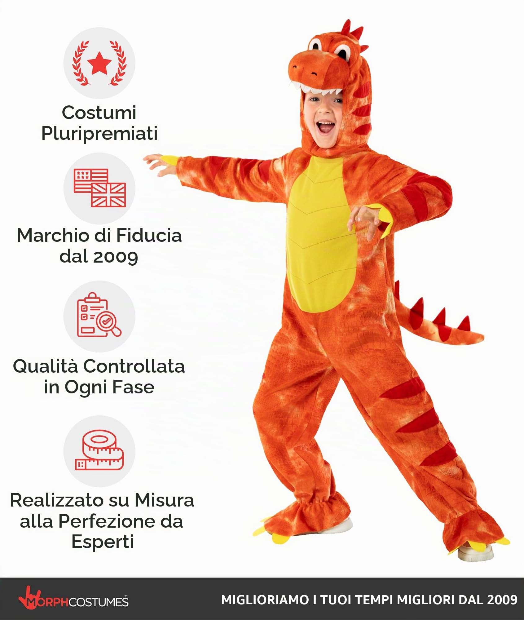 Morph Dinosauro Costume Bambino, Vestito Dinosauro Bambino | Tuta con Coda & Copricapo, Velluto Arancione Goffrato, Da Infilare, Perfetto per Halloween, Ideale per il Gioco di Ruolo