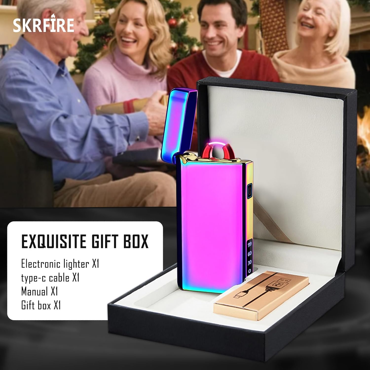 SKRFIRE Electric Arc Lighter – Windproof USB Rechargeable Plasma Torch with Multi-Mode Flashlight, Digital Battery Indicator, Ideal for Hiking, Grilling & Everyday Use (Colors)
