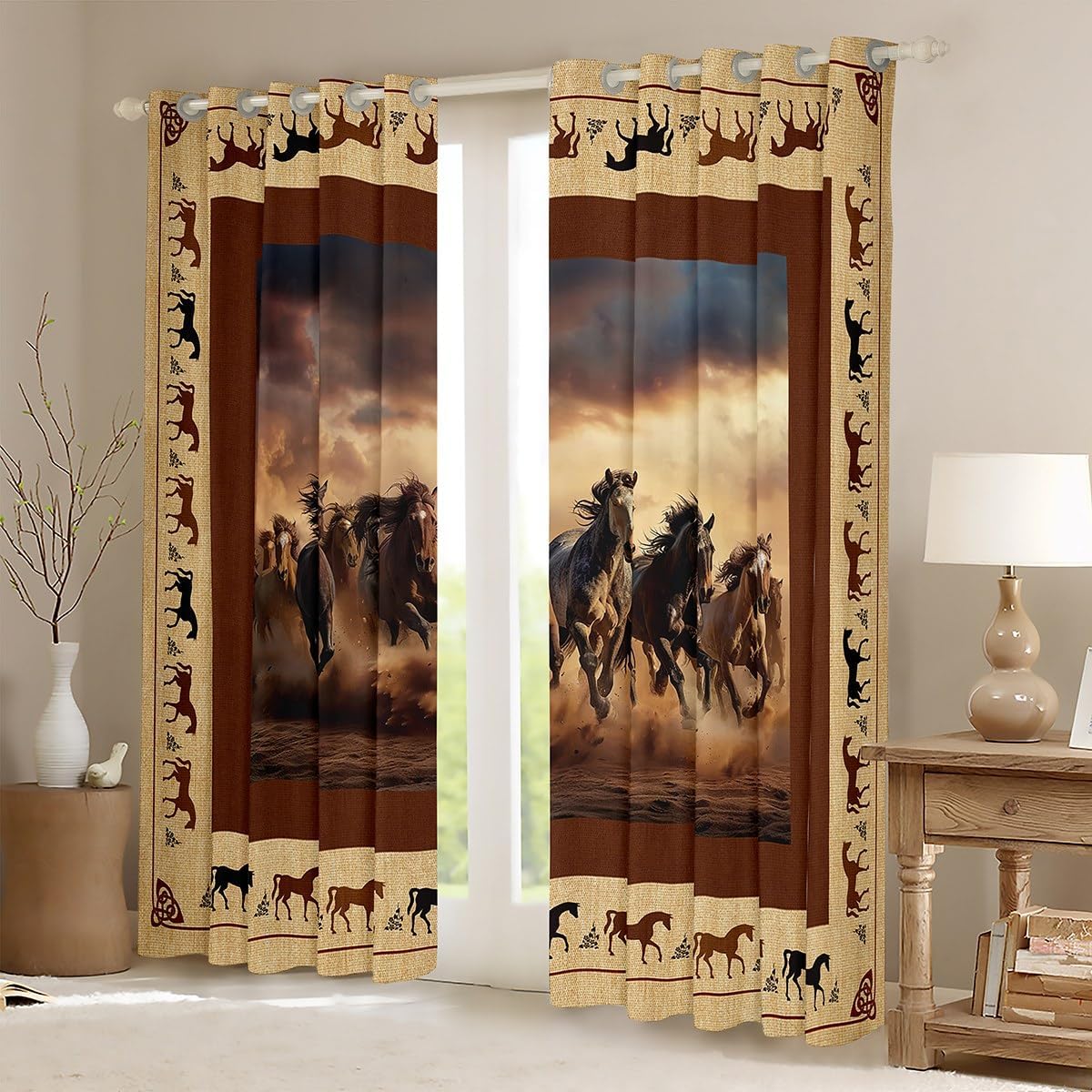 Feelyou Horse Curtains for Living Room (2 Panels, 52 x 84 Inch) Galloping Horse Blackout Curtains for Boys Western Decor Cute Animal Darkening Drapes Kawaii Farm Cowboy Brown Window Treatments