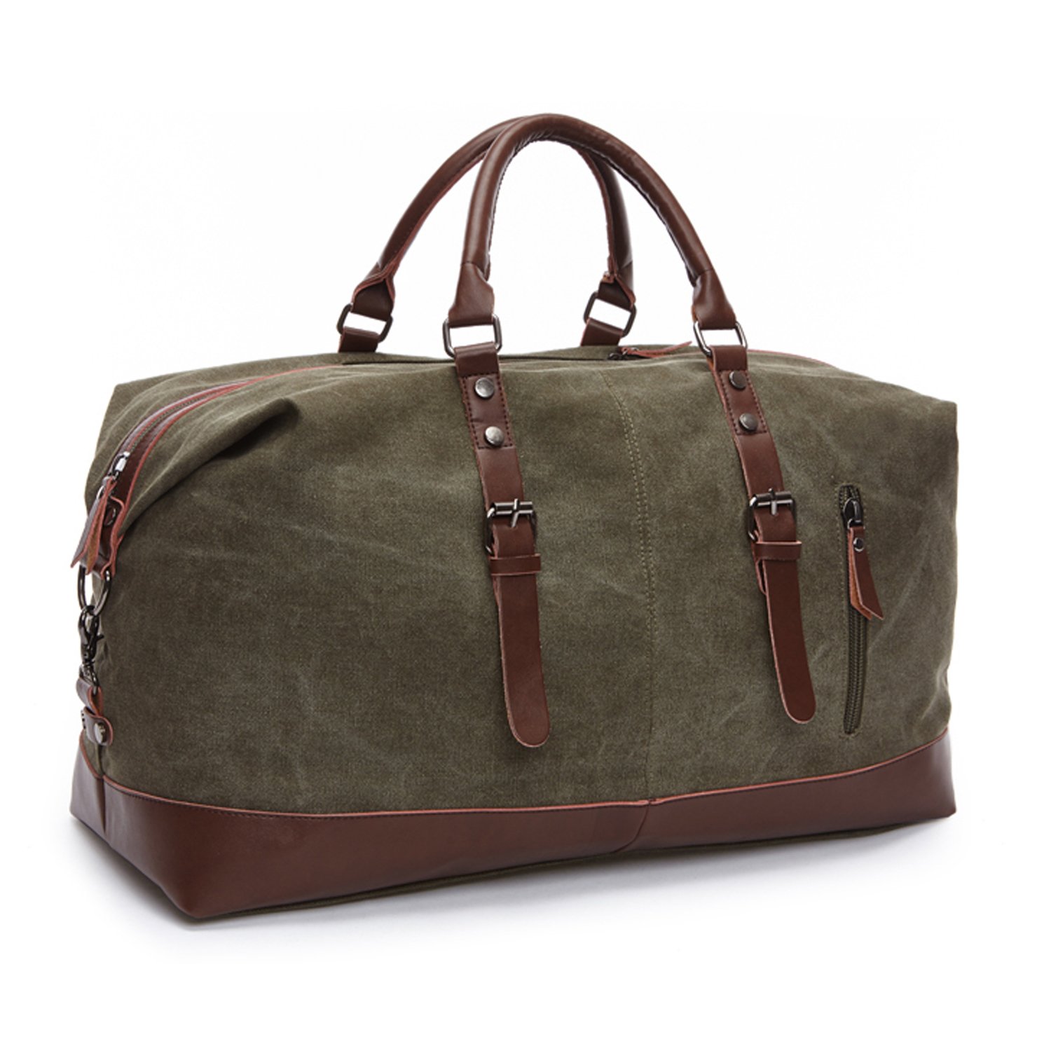 Seamand Army Green Weekender Overnight Bag Canvas Genuine Leather Travel Duffel Tote