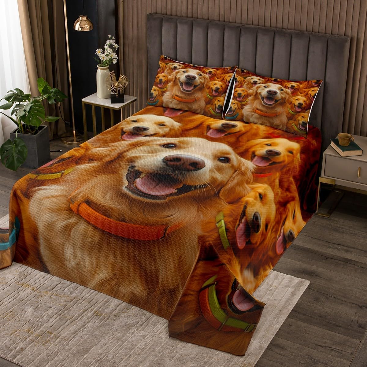 Erosebridal Dog Print Quilt Set King Size Cute Animal Golden Retriever Bedspread for Boys Girls Kids Pet Dogs Bed Set for Dog Lovers Coverlet Set Kawaii Dog Print Bedding