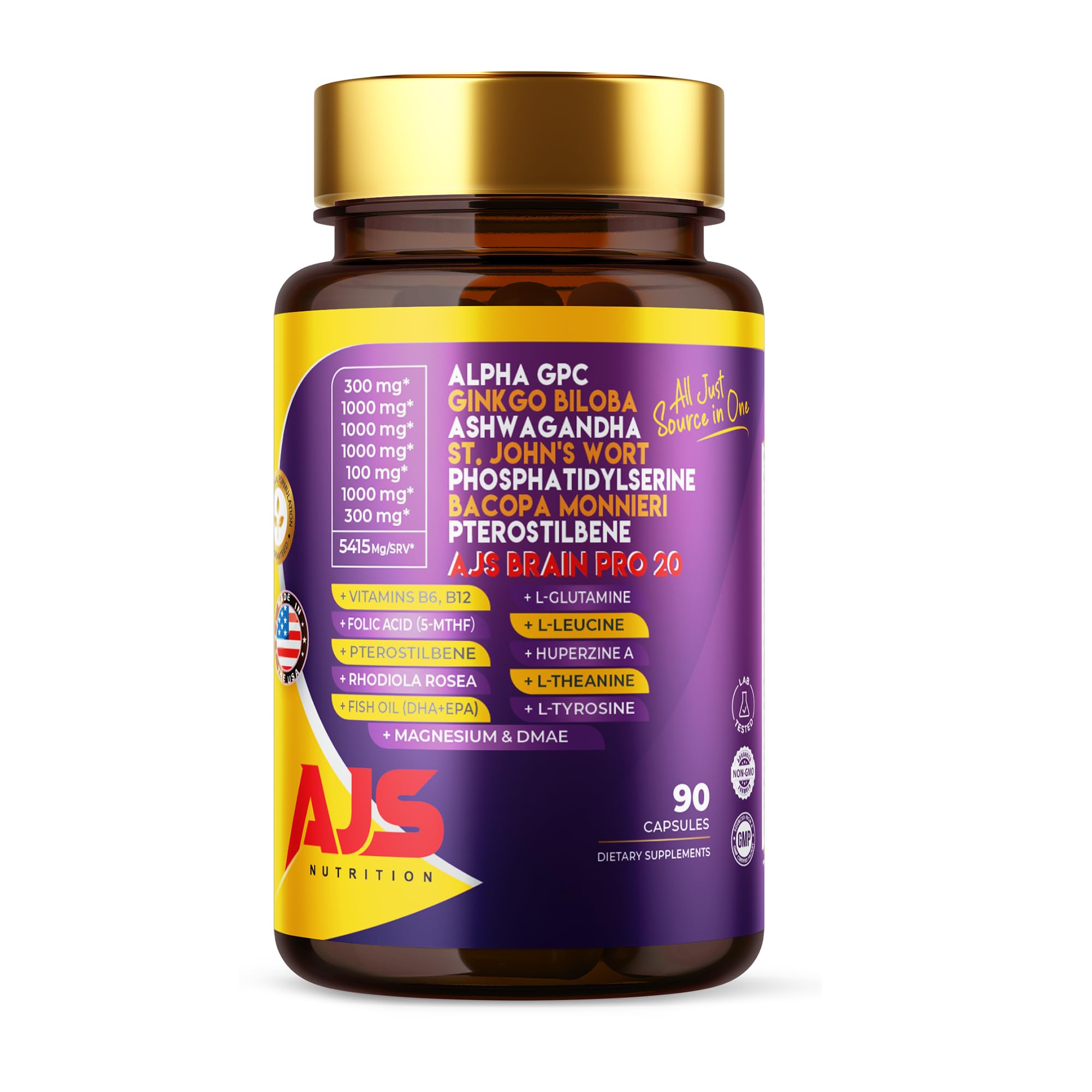 AJS Nutrition Suplemento Fitoterápico com Ginkgo biloba, Alpha GPC e Fosfatidilserina, 90 cápsulas