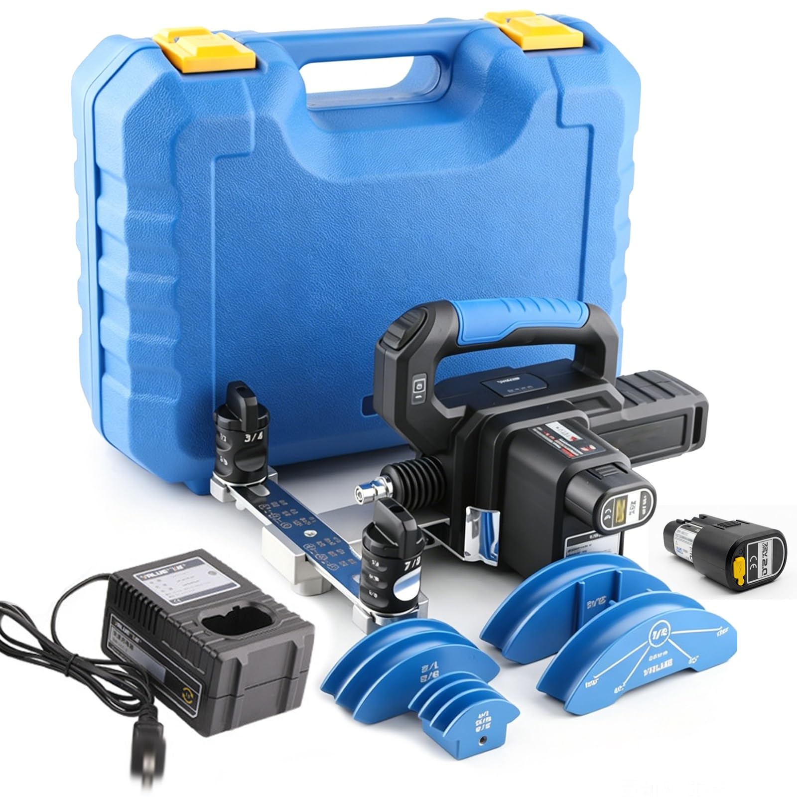 Curvatubi elettrico a batteria, kit piegatubi idraulico con 4 matrici, da 1/4'' a 7/8'', batteria al litio da 2,0 Ah, piegatubi in rame per la riparazione di condotte e materiali duri