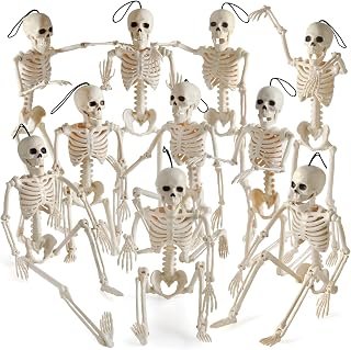 10 Pack Halloween Skeleton Decorations, 16” Full Body Posable Halloween Hanging Skeleton Decor with Movable Joints, Outdoor Indoor Halloween Decorations Photo Prop for Graveyard Haunted House