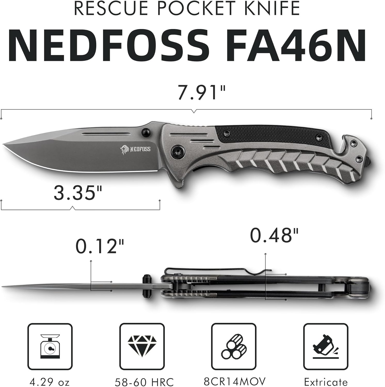 NedFoss FA46N EDC Pocket Knife – 3.35″ 8Cr14Mov Steel 3-in-1 Tactical Rescue Folding Knife, Glass Breaker & Seatbelt Cutter, Ultralight Aluminum Handle, Reinforced Deep-Carry Clip for Camping & Utility(Grey)