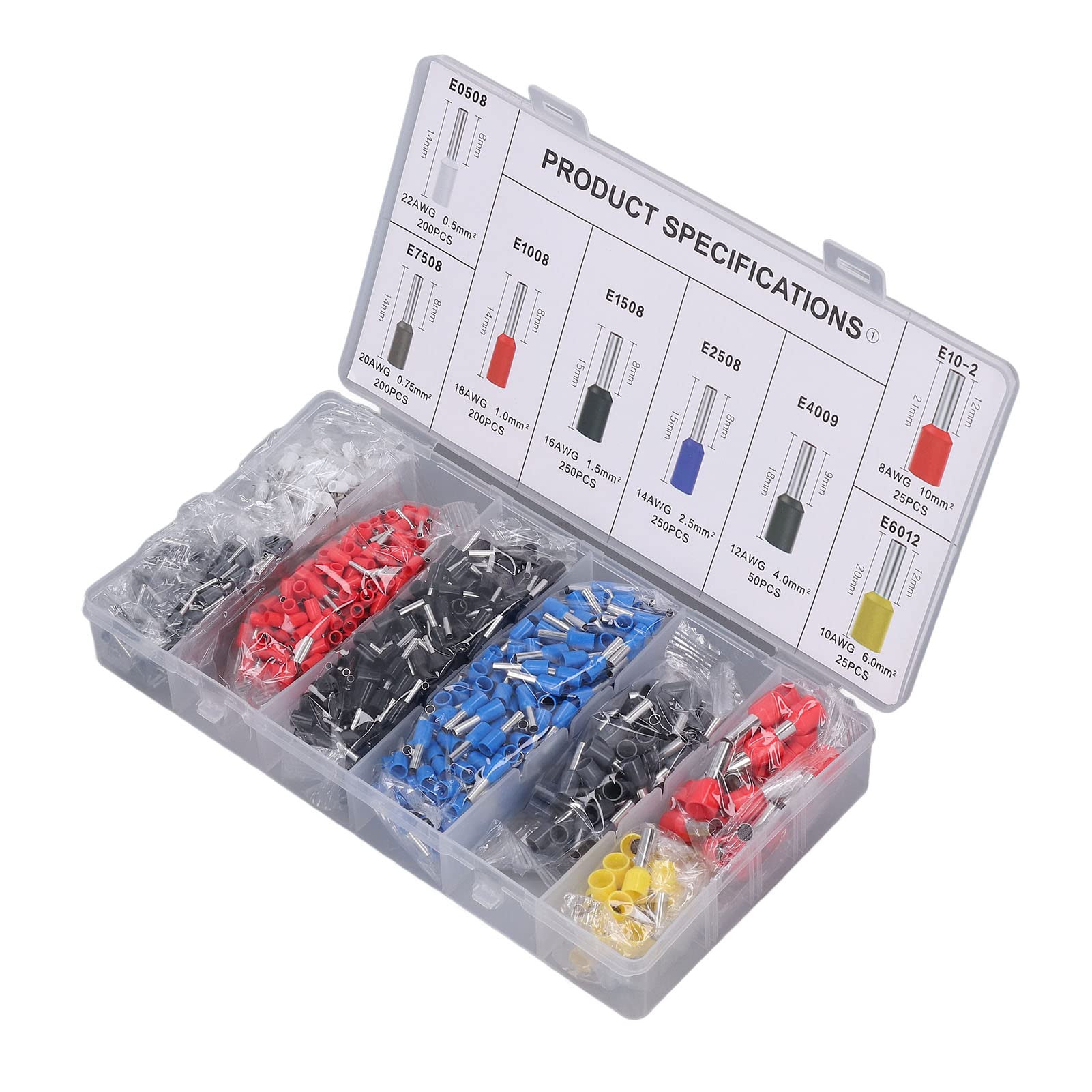 SIXRUN Terminali a Pressare a Freddo, Puntalini per Cavi 1200 Pezzi 22-8 AWG in Rame, for Cablaggio Elettrico | Set da 8 Misure, Rame Stagnato e Isolamento in PVC, per Cablaggi Auto e Batterie