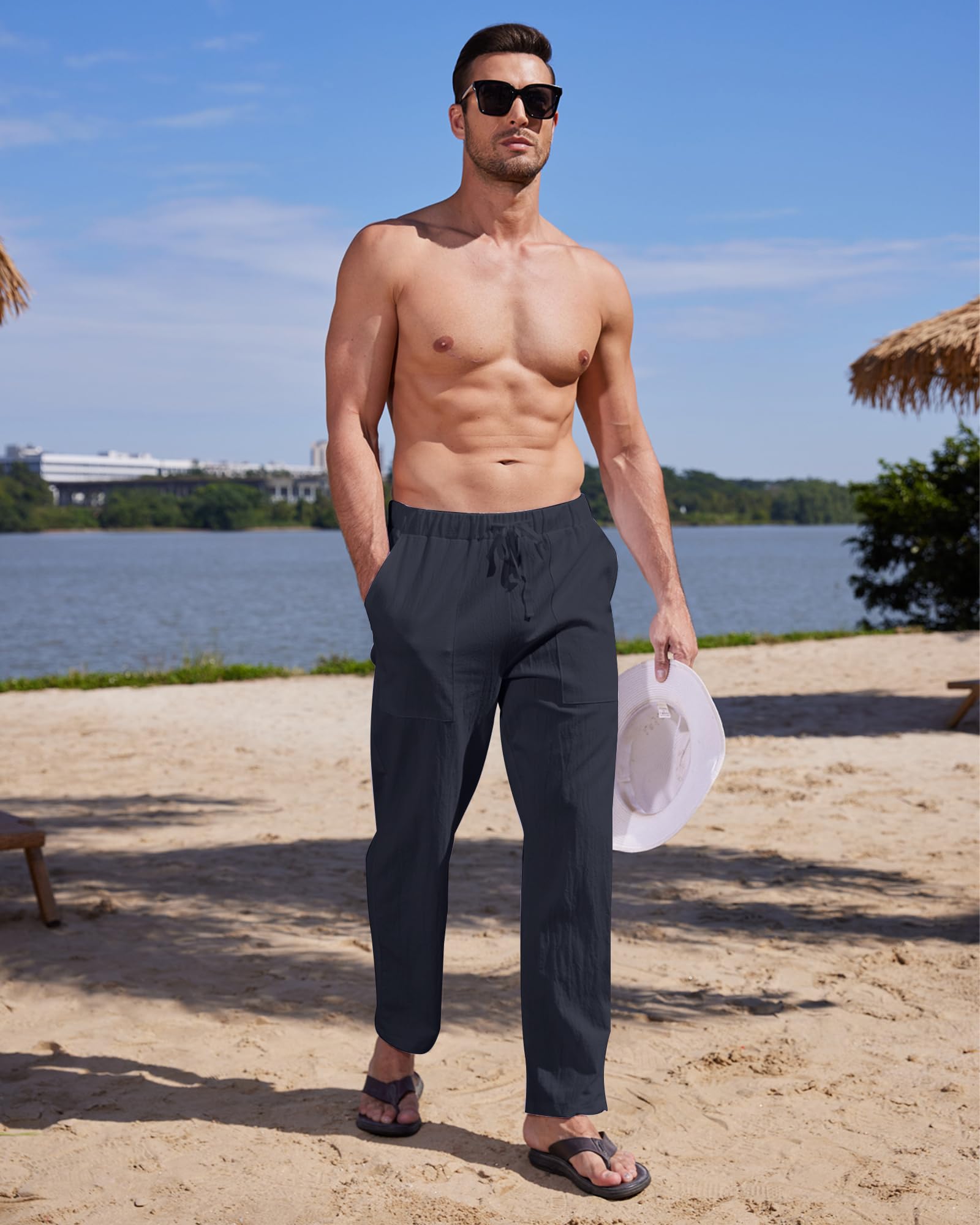 LVCBL Pantalon Homme Lin Et Coton Décontracté Pantalon Toile Été Yoga Homme Léger Taille Elastique M-3XL