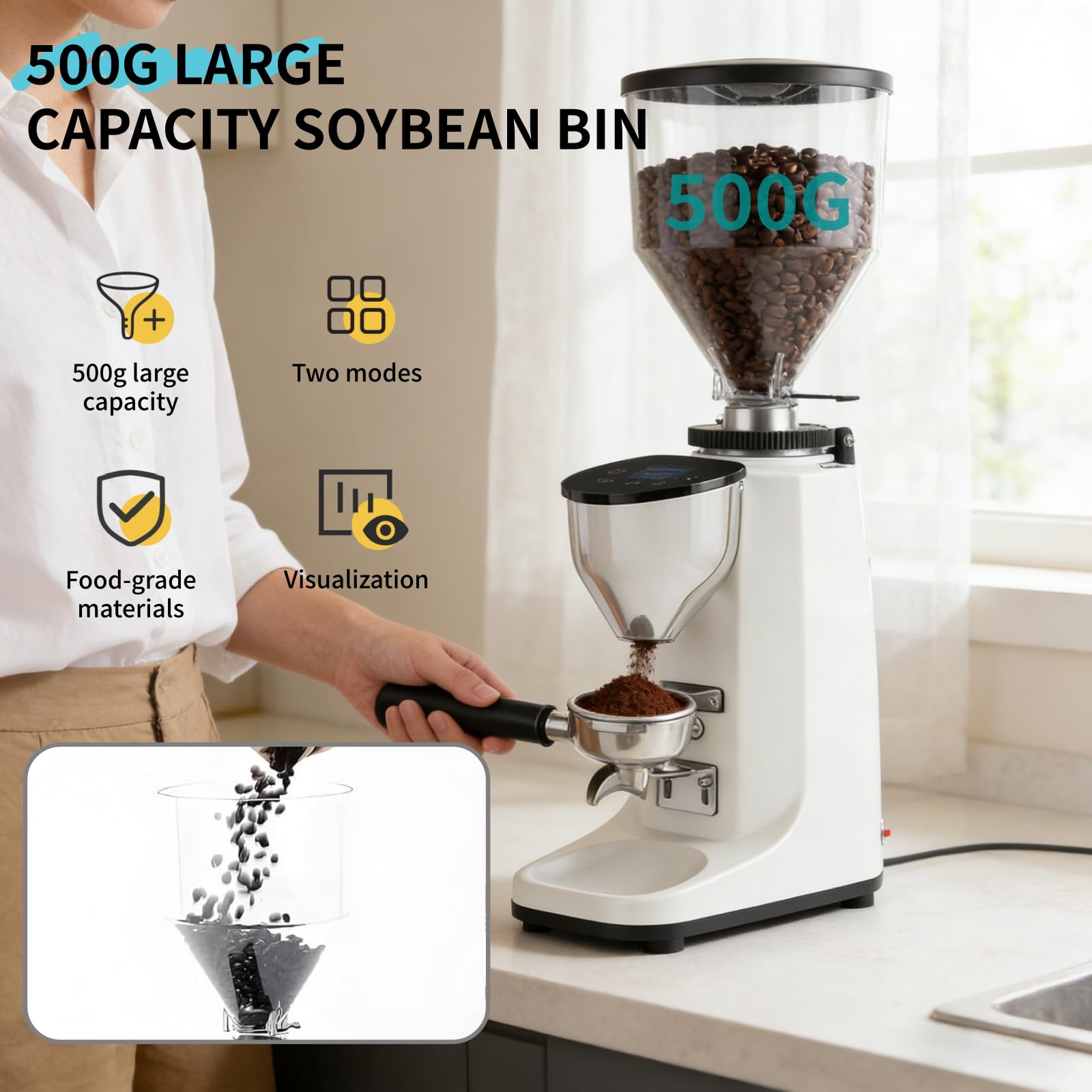 Młynek do espresso, elektryczny młynek do kawy, 19 ustawień, młynek do ziaren ze stali nierdzewnej z cyfrowym panelem dotykowym i kontrolą porcji do espresso, drip White