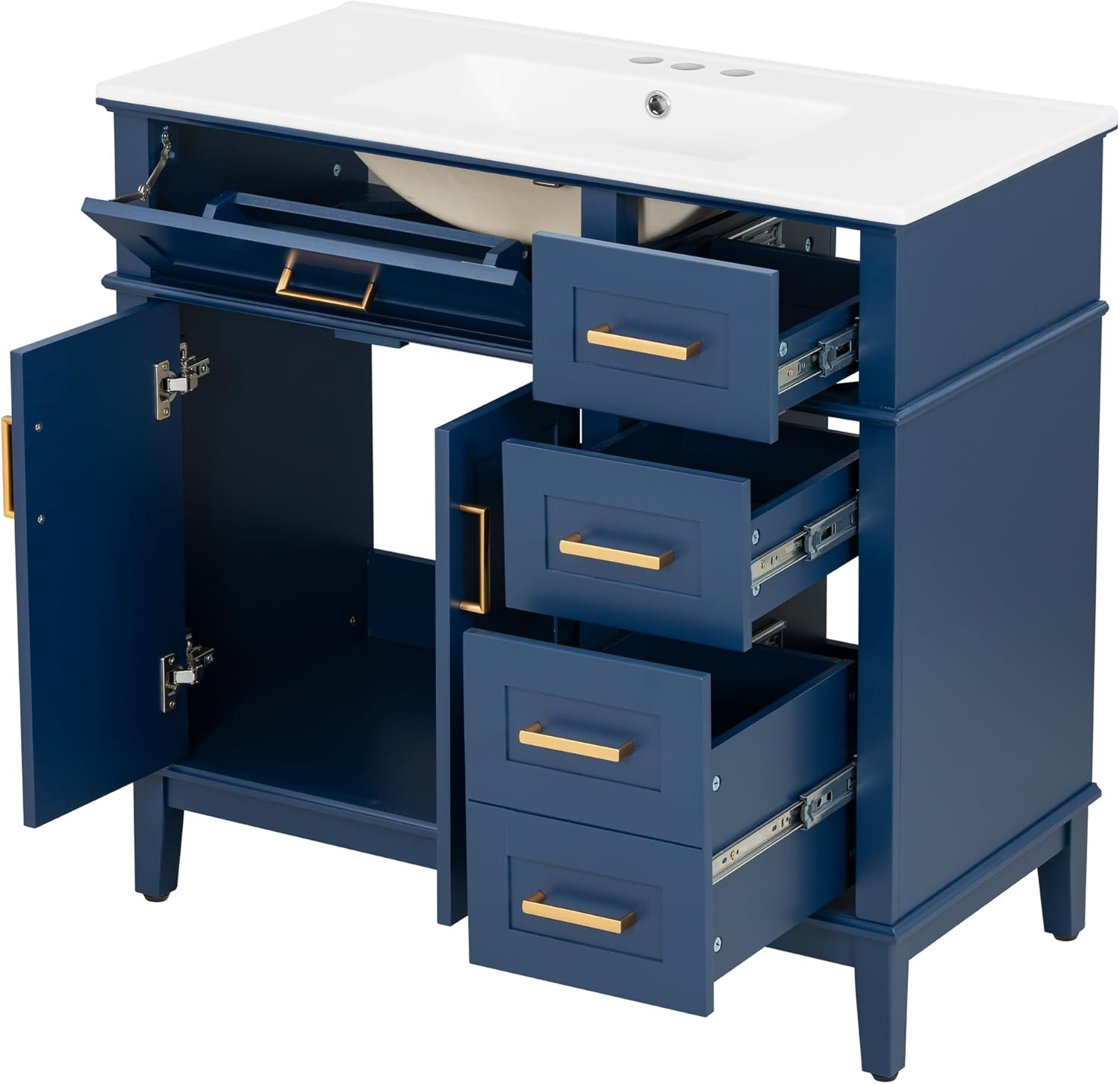 Merax 36" Bathroom Vanity with Sink, Modern Wood Bathroom Cabinet in Blue, Bathroom Vanity Set with Tip-Out Drawer, 4 Drawers & Double Doors,Undermount Ceramic Sink