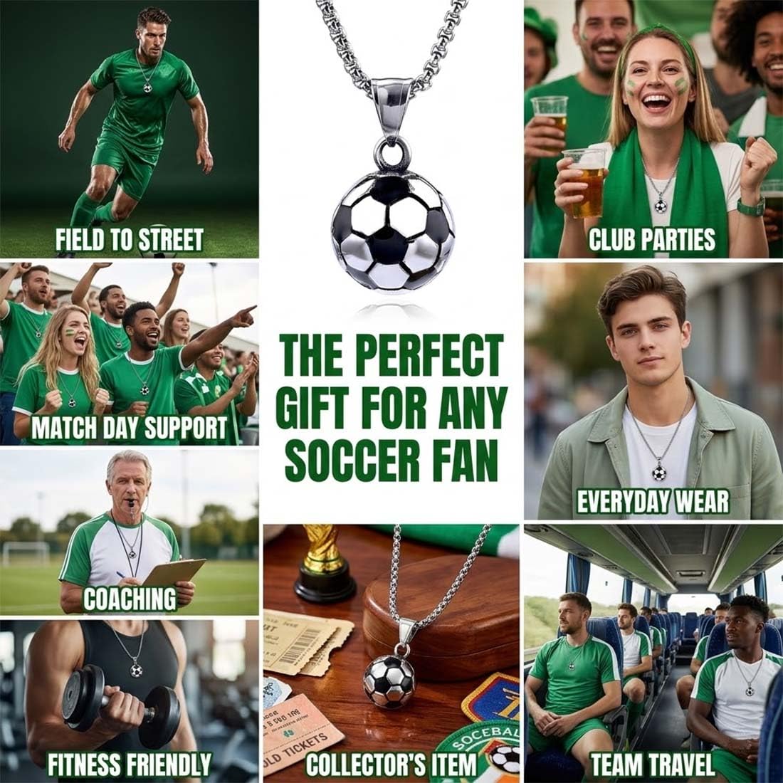 1 Collar de fútbol en acero inoxidable, colgante de balón para niños y adultos, plateado