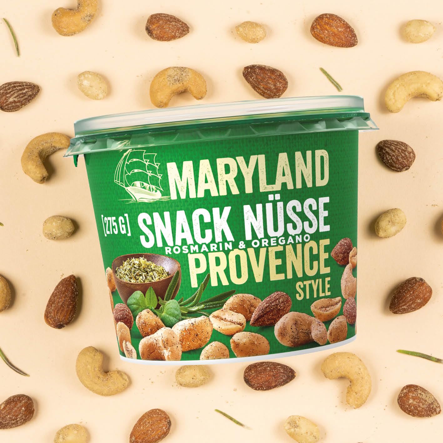 Maryland Snack Nüsse Provence 275g Becher – Mediterran gewürzte Nussmischung mit gerösteten Erdnüssen, Cashewkernen und Mandeln – Würze aus Rosmarin & Oregano (6 x 275g)