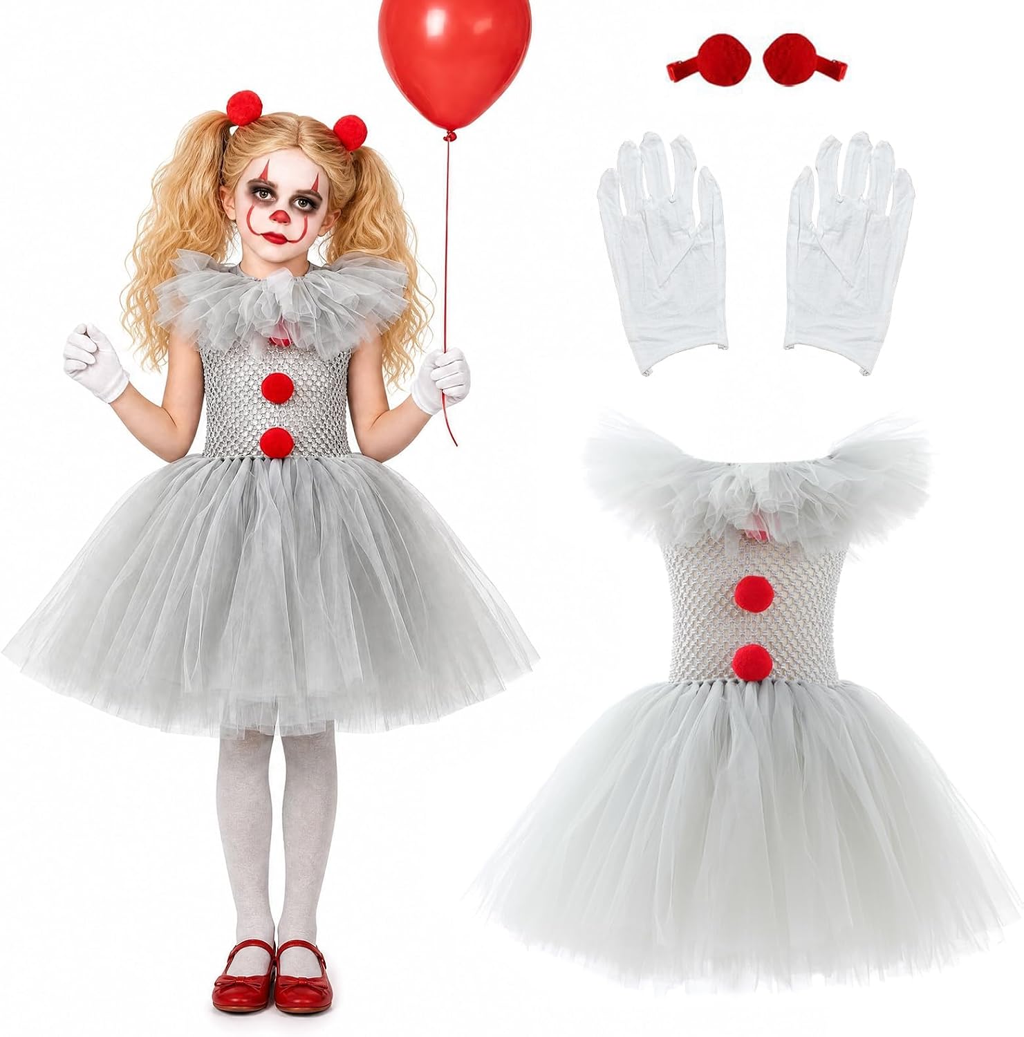 Genérico Disfraz de Halloween para niños y niñas, vestido con guantes y horquilla roja para Halloween, carnaval, cosplay, disfraz de payaso, princesa, tutú, tul, juego de vestidos