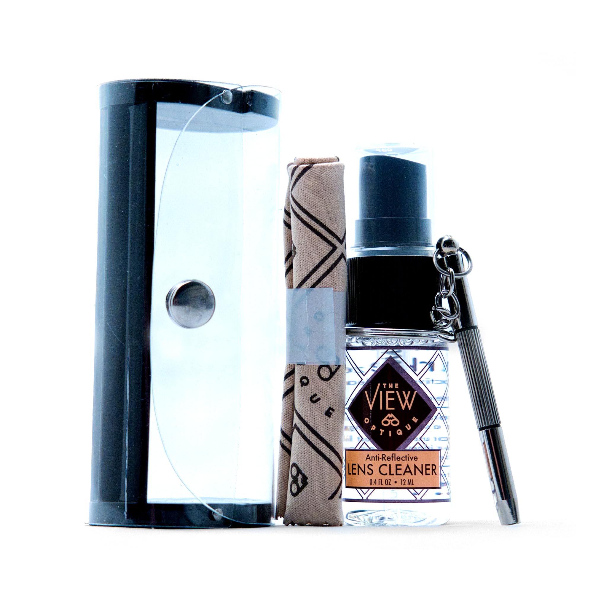 Kit de limpieza y reparación de lentes antirreflectantes: spray limpiador de gafas de 11.3 g, paño de microfibra y destornillador de llavero en una funda de vinilo para gafas, gafas