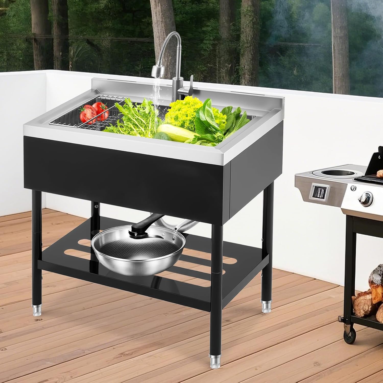 Garvee 36" Black Stainless Steel Utility Sink with Faucet, Adjustable Height Freestanding Commercial Sink with Hot & Cold Water, Shelf, Basket & Drain Kit for Kitchen, Garage, Laundry, or Outdoor Use