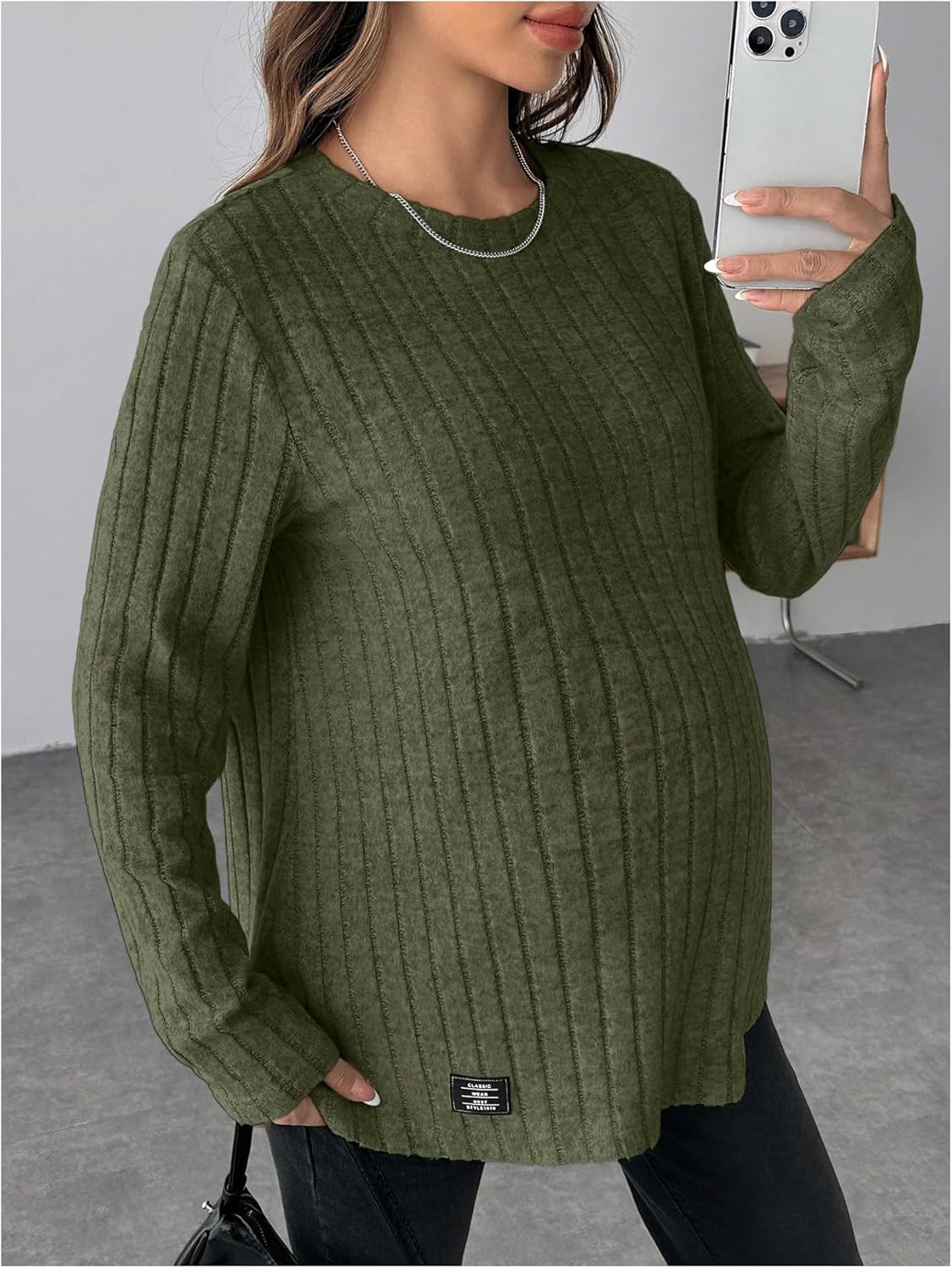 Women's Maternity Clothes Ribbed Knit T Shirts Long Sleeve Crew Neck T-Shirts - Image 4