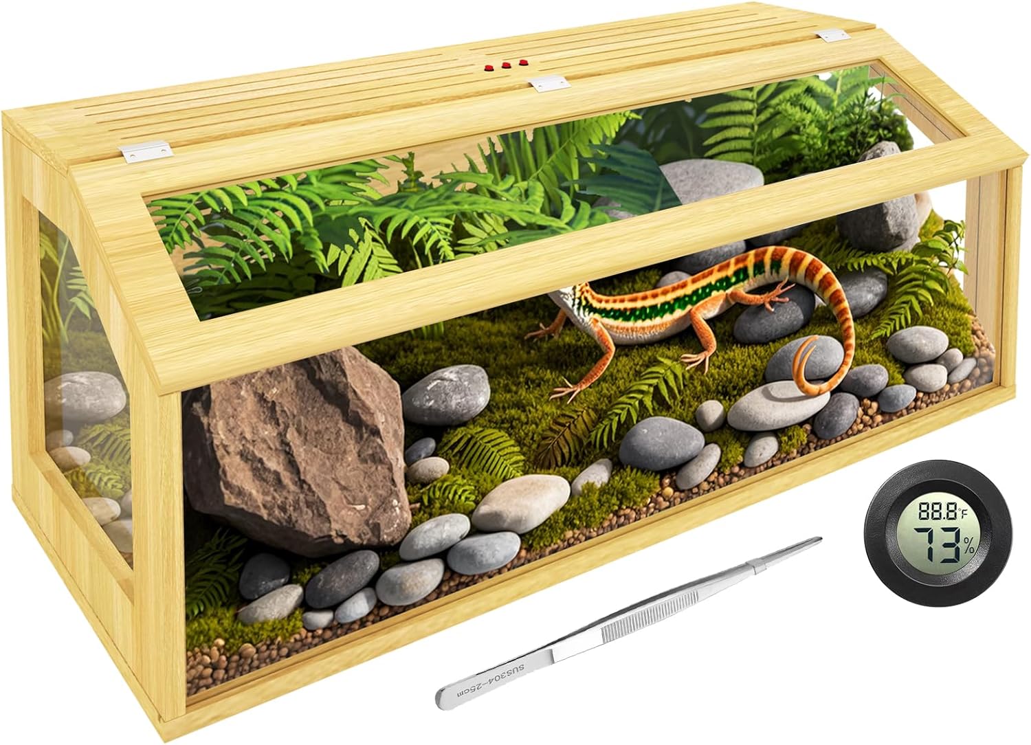 75 Gallon Reptile Tank, Wooden Bearded Dragon Terrarium Tank with Top Ventilation, Large Reptile Enclosure for Snake, Lizard, and Leopard Gecko, Includes Feeding Tongs, 48″ L x 20″ W x 20″ H