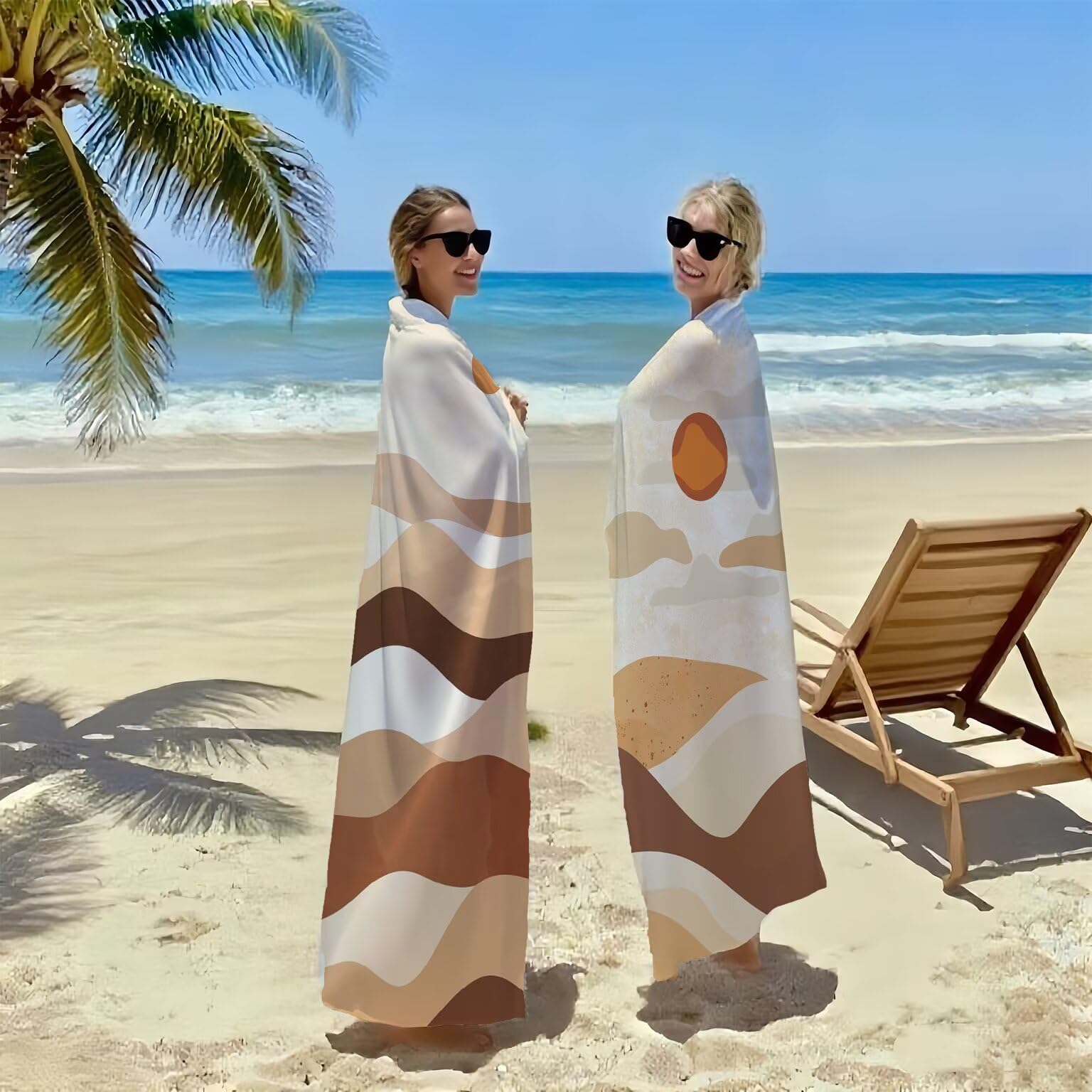 Waves Ręczniki plażowe dla dorosłych, ręcznik plażowy z mikrofibry, wzór zachodu słońca, 2-pak ręczników 90 x 180 cm z unikalnym zatrzaskiem, chłonny, bez piasku, funkcja szybkoschnąca, do pływania na