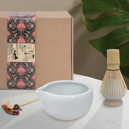 Miniatura 7 de Artcome Kit de ceremonia de matcha para ceremonia de té japonesa, cuenco con boquilla de vertido, batidor, cuchara de té, colador de polvo matcha,