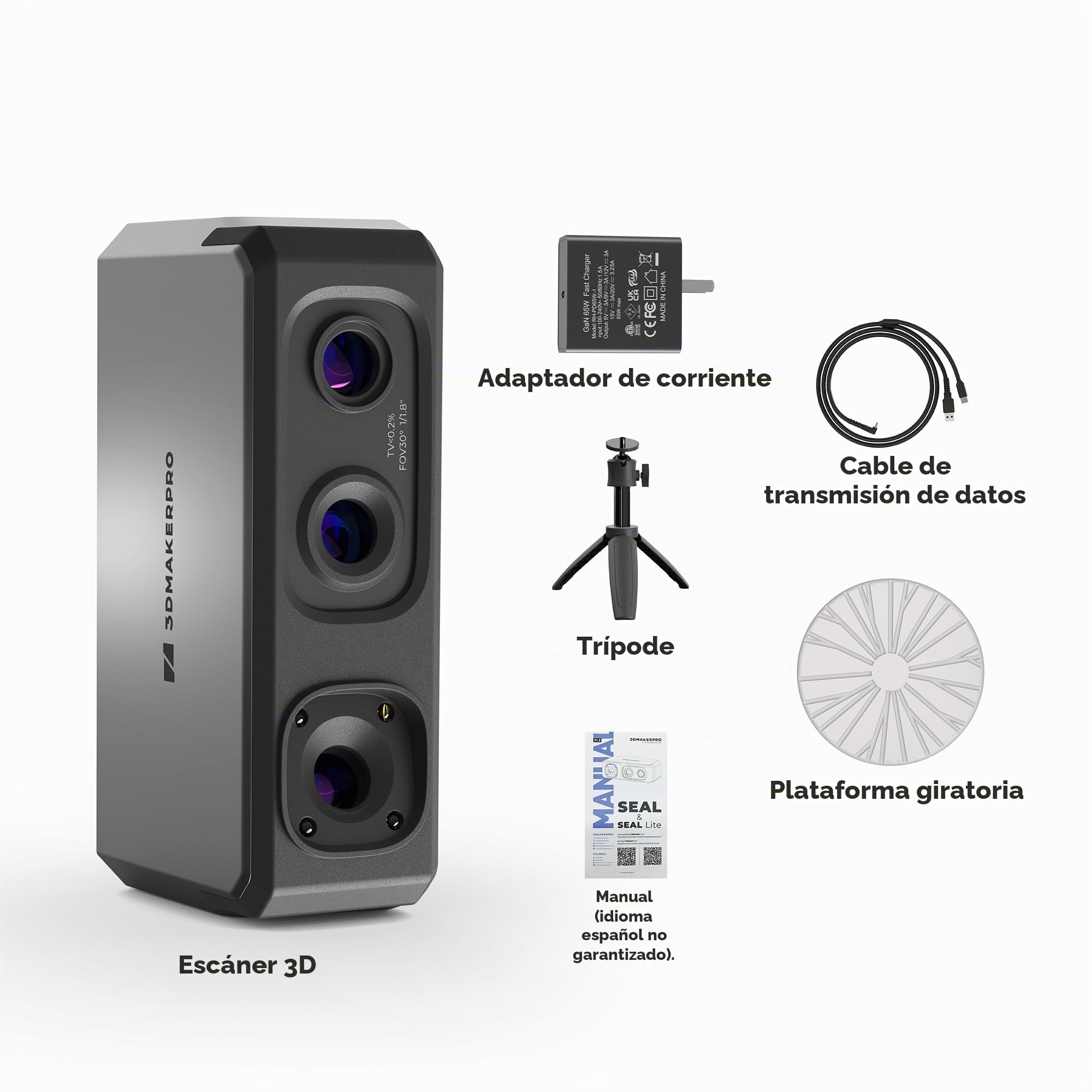 Escáner 3D portátil 3DMakerpro Seal Lite para impresora 3D, alta precisión detallada de 0,02 mm, velocidad de escaneo de 10 fps ultrarrápida con lentes antivibración, kit premium