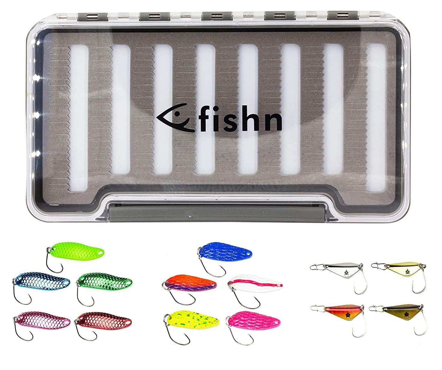 FISHINGGHOST 14 x Trout Spoons & 1 x Blinkerbox - Set, Compuesto de 14 Kunstköder y una Caja de Cebo, Trucha Cebo, Trucha Spoon, Trucha Blinker para Pesca Spinnfischen (15 Piezas)
