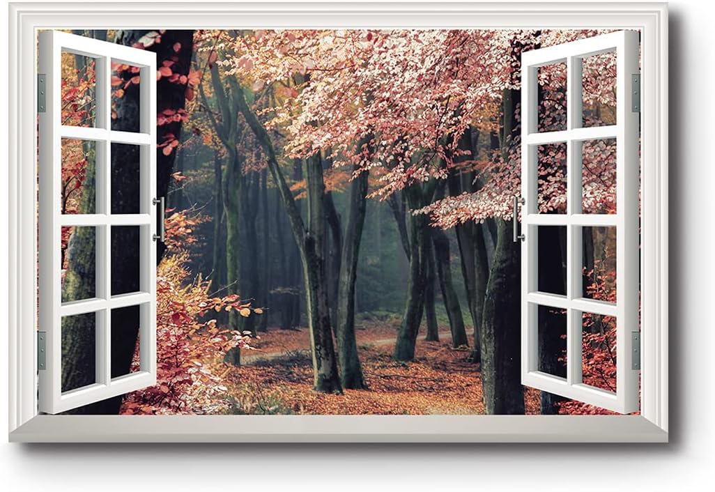 Renditions Gallery Nature Wall Art Fake Window View Prints for Home Autumn Season Forest Trail Hanging Artwork for Bedroom Living Room Office Wall Decor - 32"X48" LT04