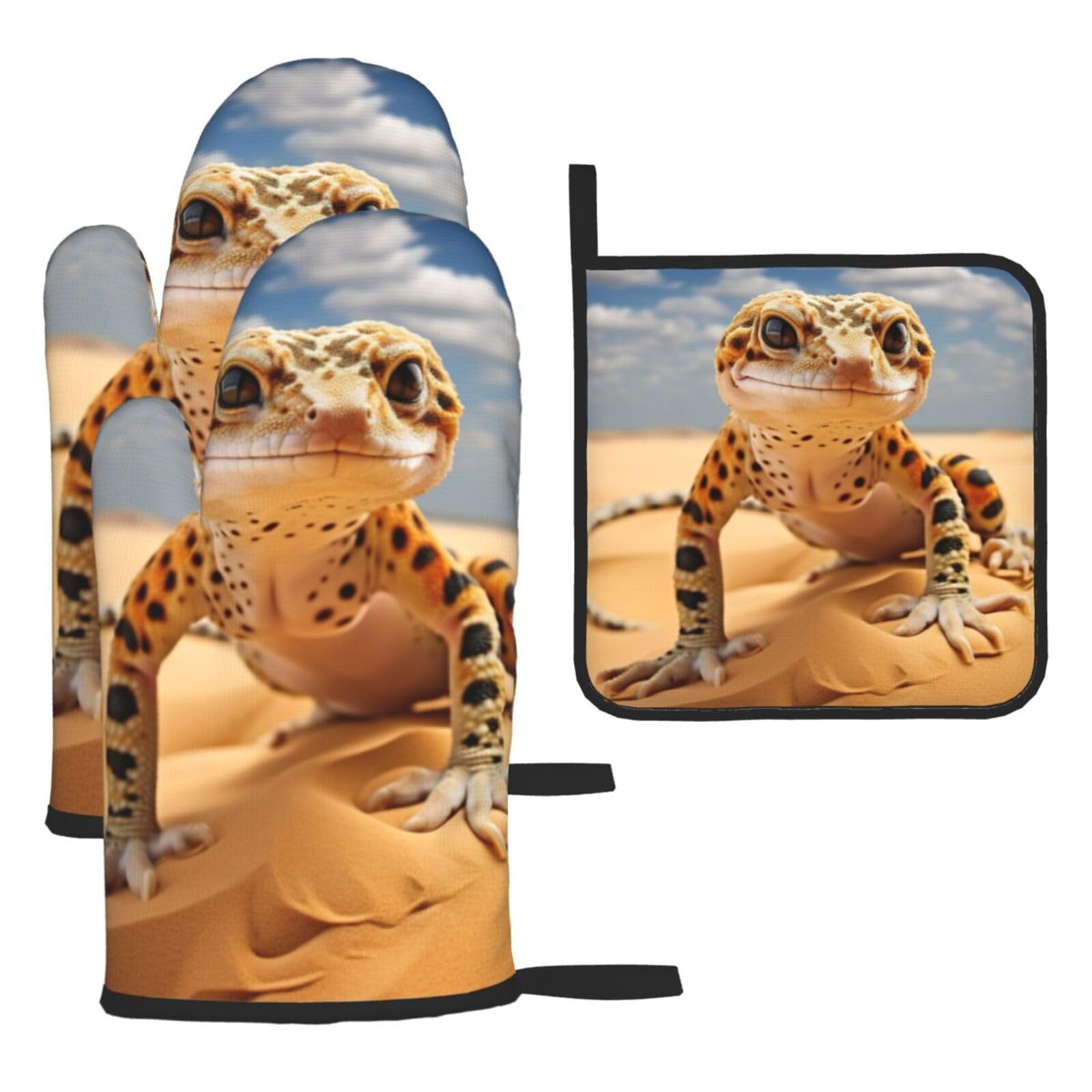 Yyoretp Black Sand Leopard Gecko Print Oven Mitts And Potholders Bbq Gloves-Oven Mitts And Pot Holders For Cooking Baking