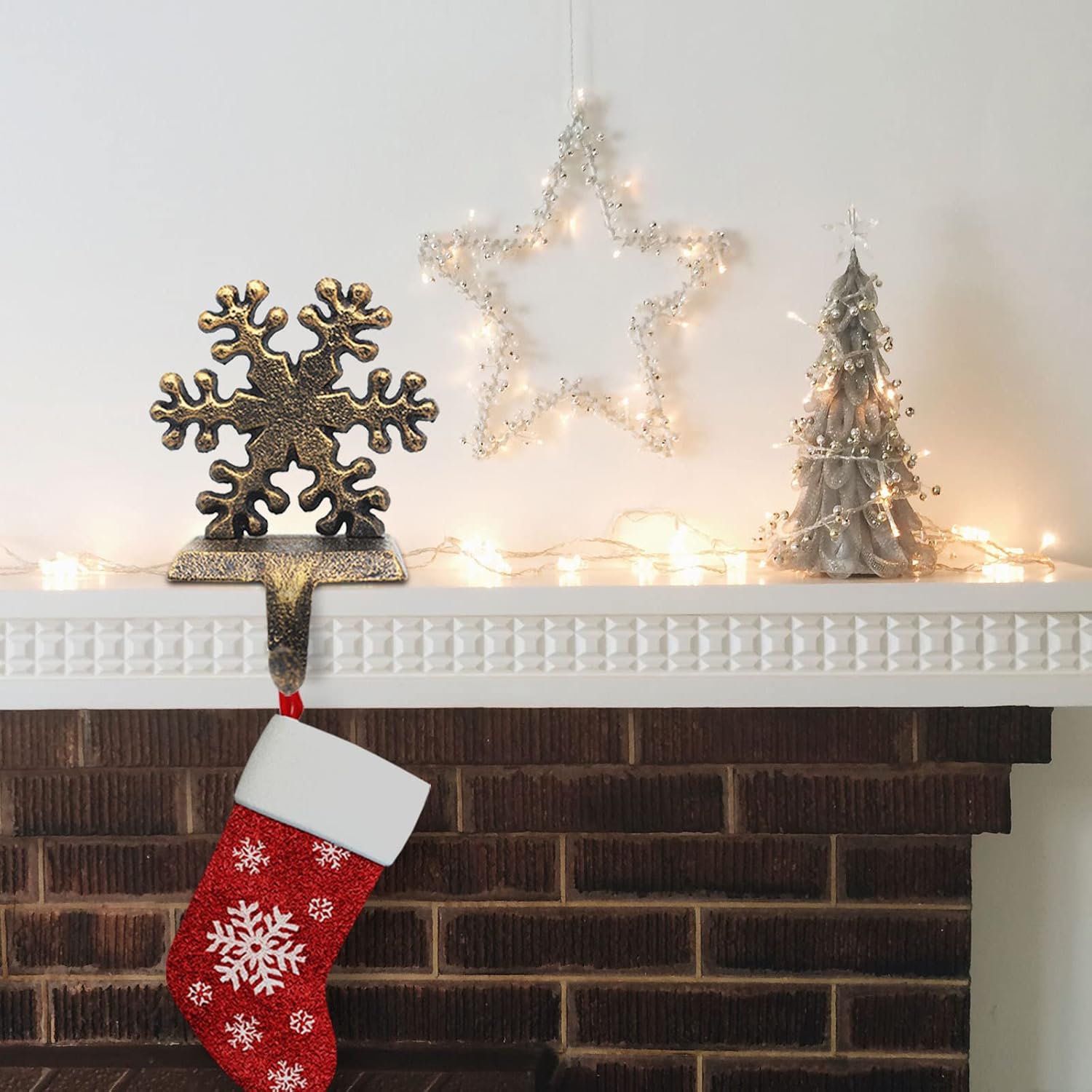 Retro Christmas Stocking Holders for Mantel - Set of 4 Vintage Heavy Hangers for Fireplace Decorations - Reindeer, Snowflake, Santa, Snowman Hooks