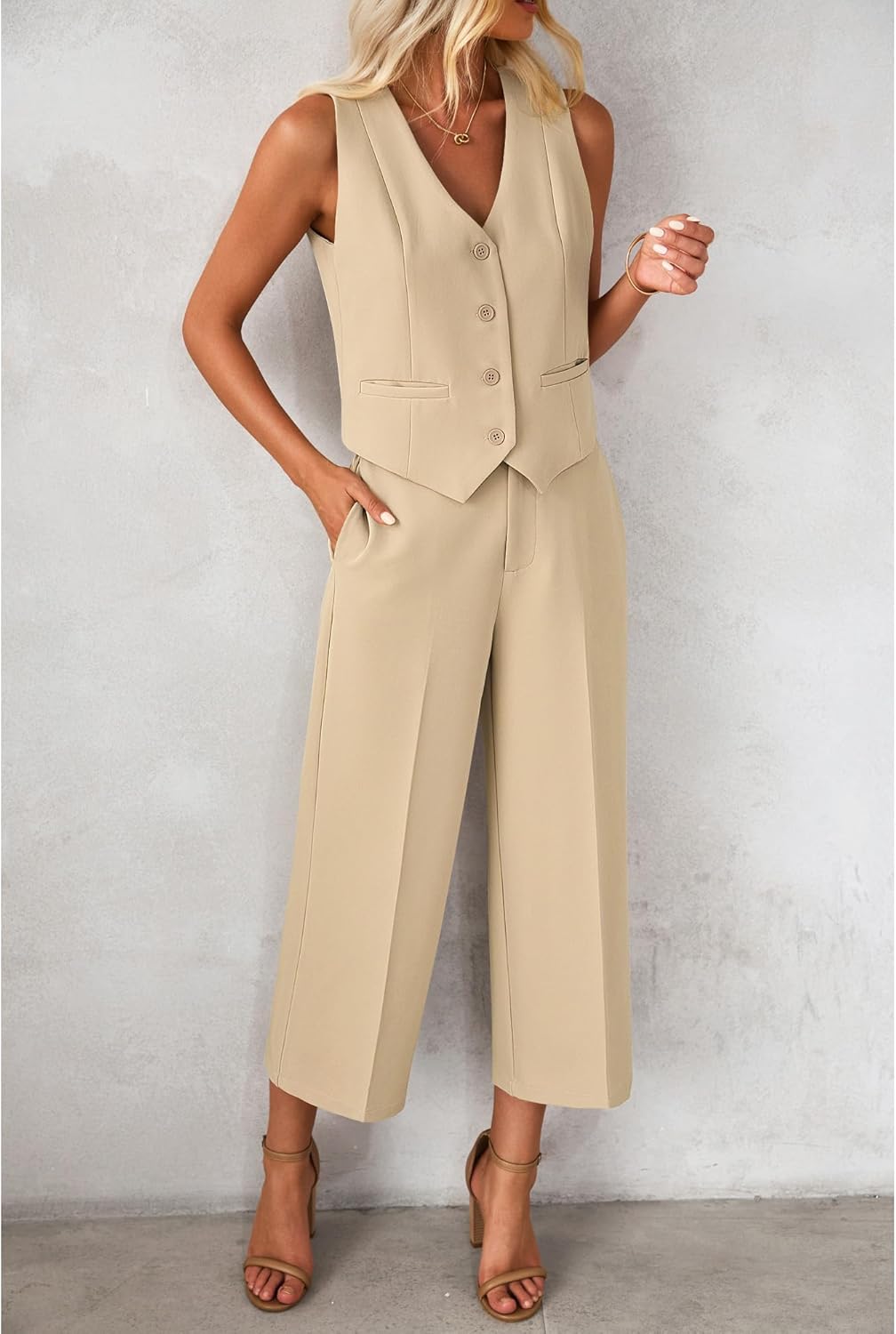 luvamia Pant Suits for Women Dressy Casual 2 Piece Sets Sleeveless Blazer Vest with Wide Leg Capri Pants Work Outfit - Image 8