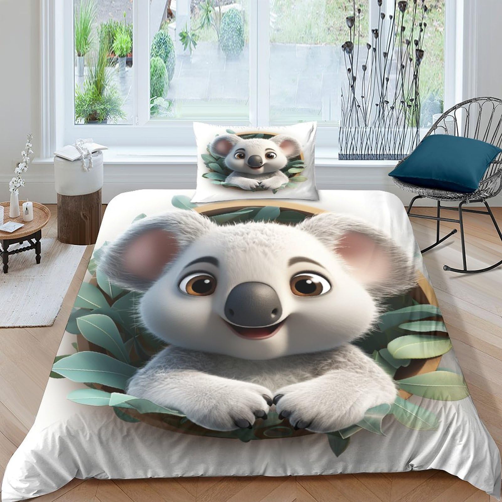 Parure de lit koala 3D housse de couette 135x200 cm drap microfibre super douce 3 pièces
