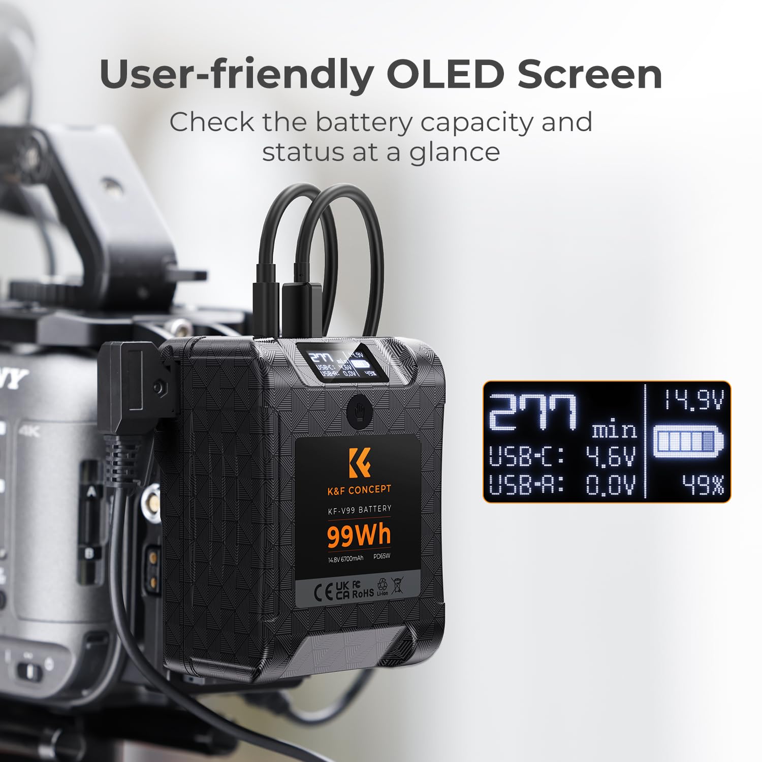 K&F CONCEPT VMount Akku, 99Wh Mini V-Mount Akku 65W PD Schnellladegerät | 6700mAh 14.8V 65W PD USB-C Schnellladegerät, mit D-TAP, USB-A, USB-C, BP, OLED Bildschirm, für Kameras und Camcorder KF-V99