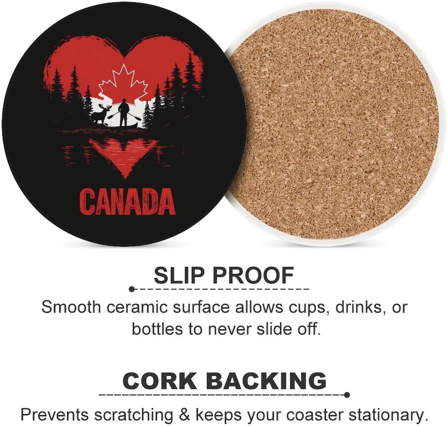 Canada Flag Heart Moose Coasters for Drink Round Ceramic Coaster with Cork Base Home Decorative 4PCS