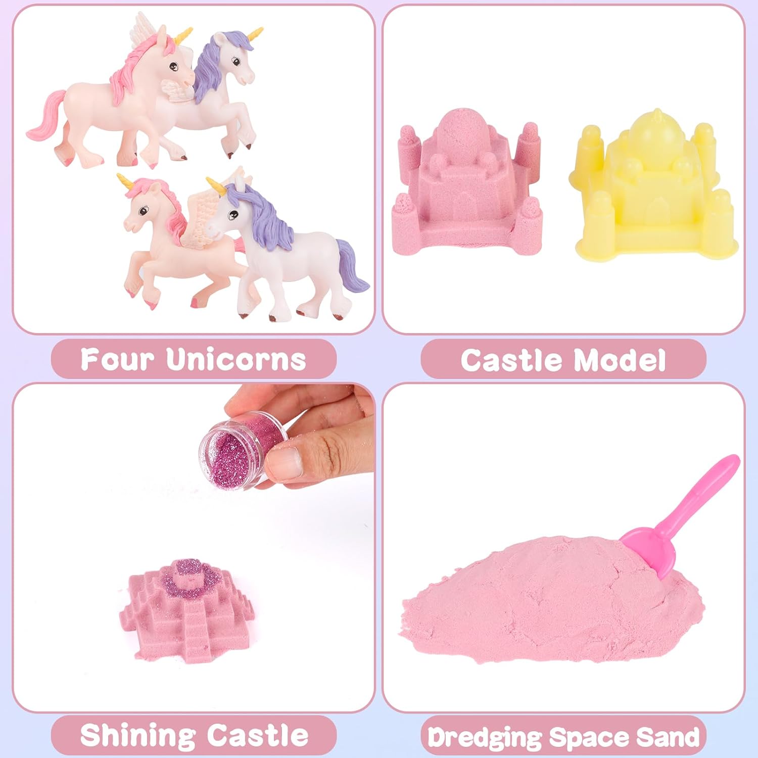 Volmop Unicorn Sensory Bin for Girl, 148pcs Play Sand Art Kit with Sandbox, 3.3lb Color Sand,Unicorn Tactile Sensory Toy for Girl Toddler Ages 3-8