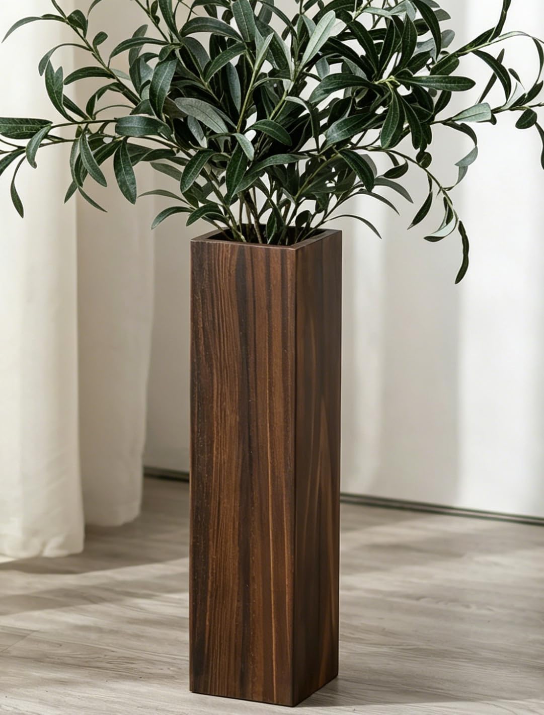 Hanobe Jarrón grande de madera para sala de estar, 53 cm de alto, color marrón, decoración del hogar | Jarrones extra grandes para esquina de pasillo, dormitorio, decoración cuadrada moderna de granja para ramas secas de pampas