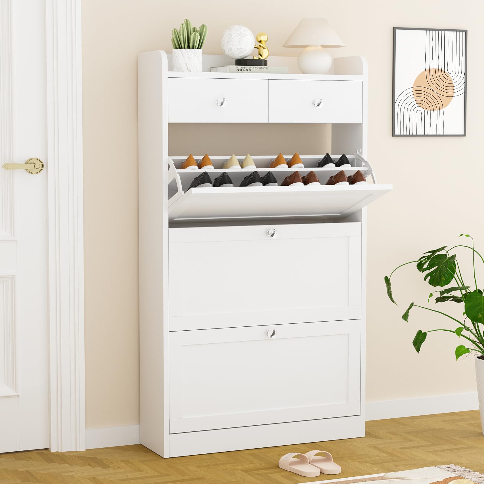 VOWNER Shoe Cabinet with 3 Flip Drawers & 2 Drawers, Freestanding Shoe Storage Cabinet with Adjustable Shelves, Shoe Organizer for Entryway, Hallway, Living Room, White