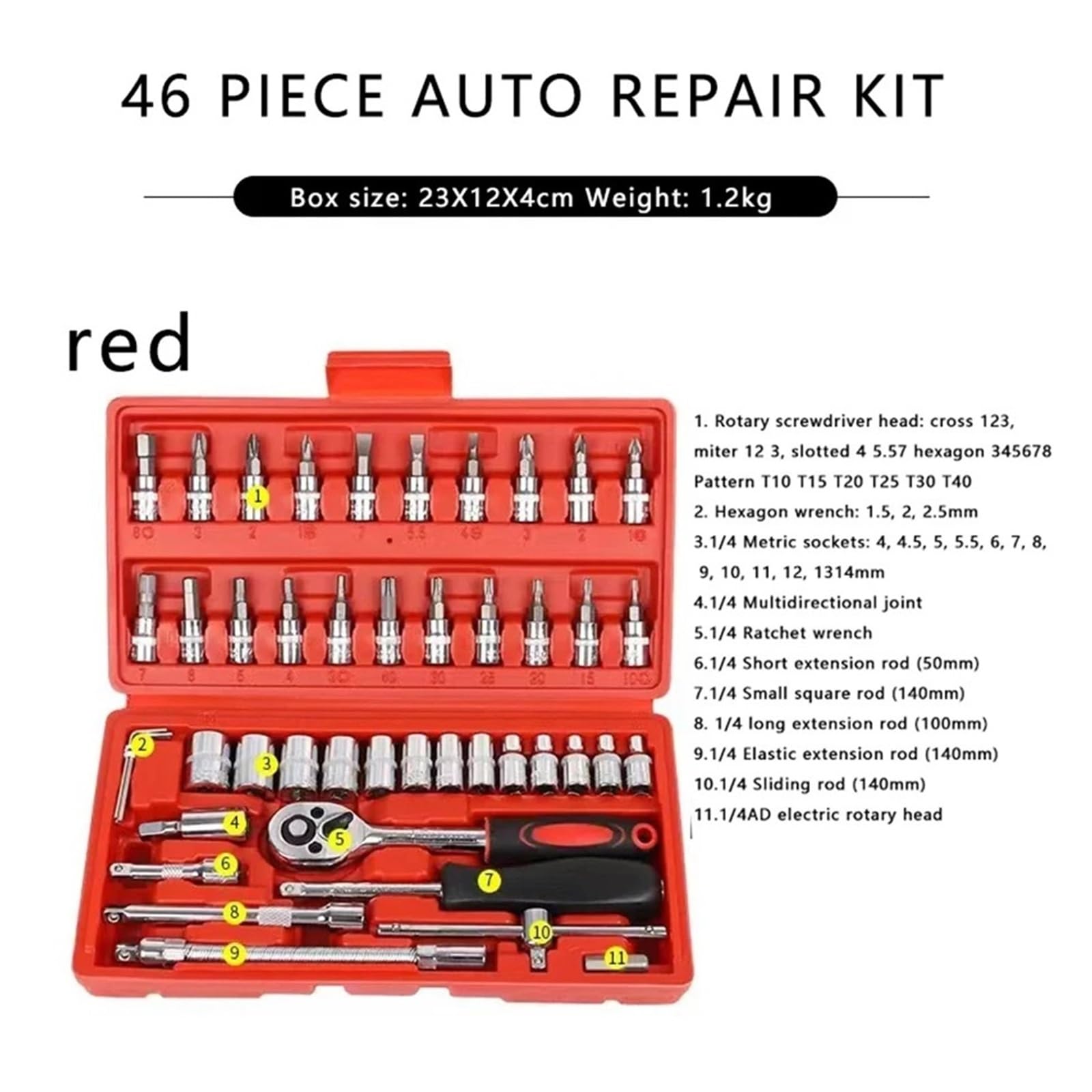 Juego De 46 Herramientas Manuales Portátiles For Reparación Automóviles 1/4", Llave Impacto, Llaves Tubo Pequeñas