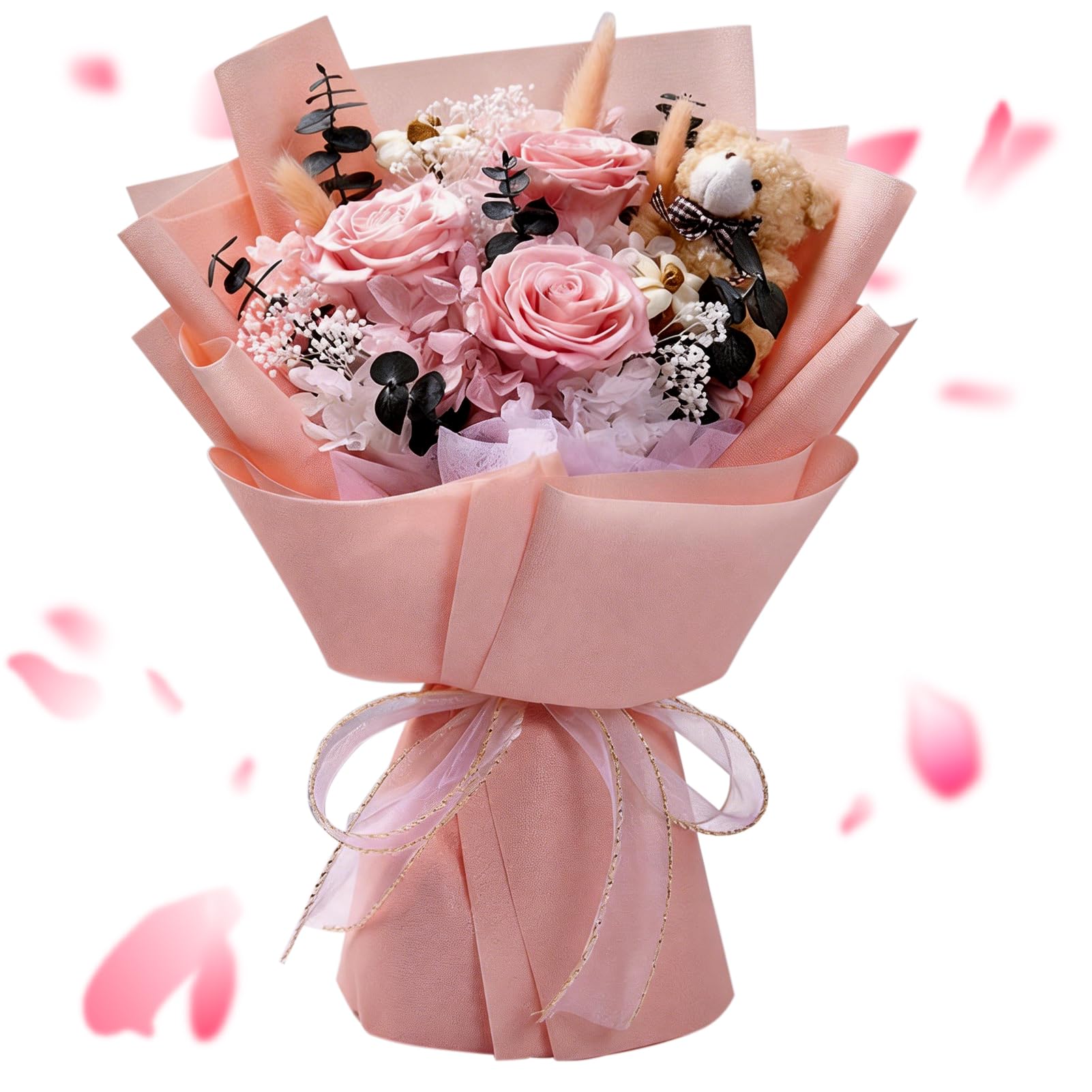 Bouquet de Roses Éternelles, Fleur Eternelle avec Un Ours, Fleurs Préservées avec Coffret Cadeau, Cadeau Femme, Maman, Épouse, Fête des Mères, Saint-Valentin, Anniversaire