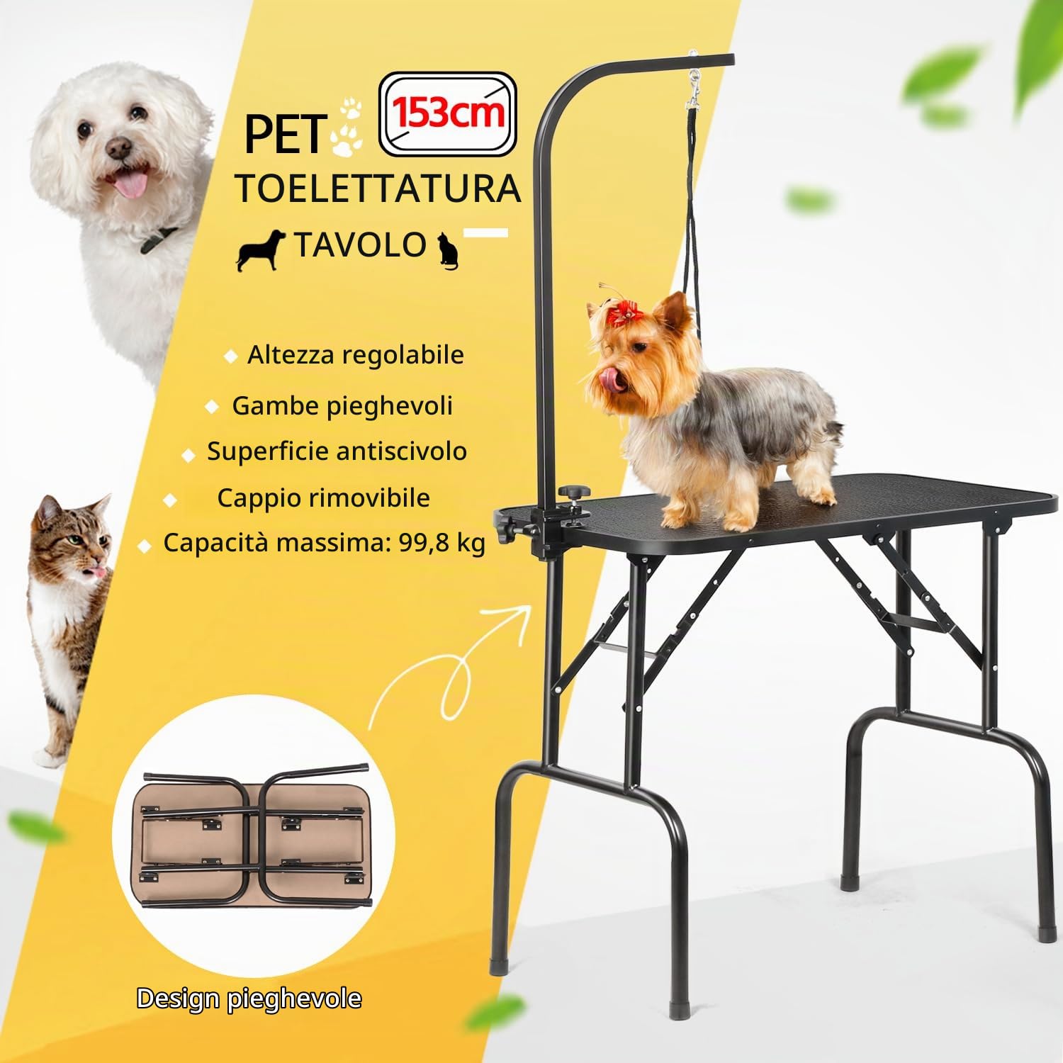 Tavolo Toelettatura per Animali Domestici Professionale Idraulico, Pieghevole con Laccio, Altezza Regolabile, per Cani Gatti, 80 x 46 x 153 cm Nero