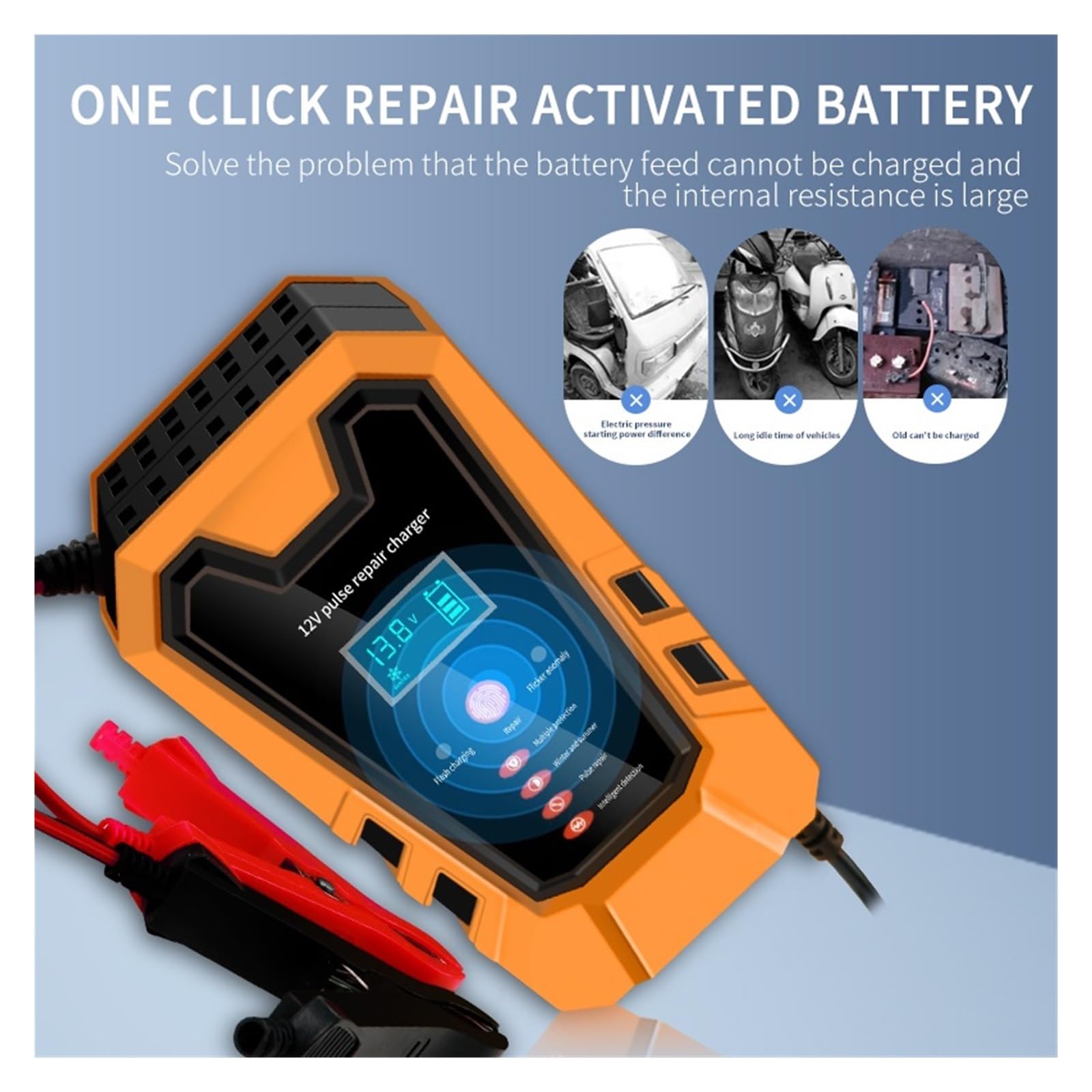 6A 12V Chargeurs De Batterie Voiture Intelligents Réparation D'impulsions Démarrage Au Plomb Sec Humide for Les Voitures Moto Charge De PréCision(Orange)