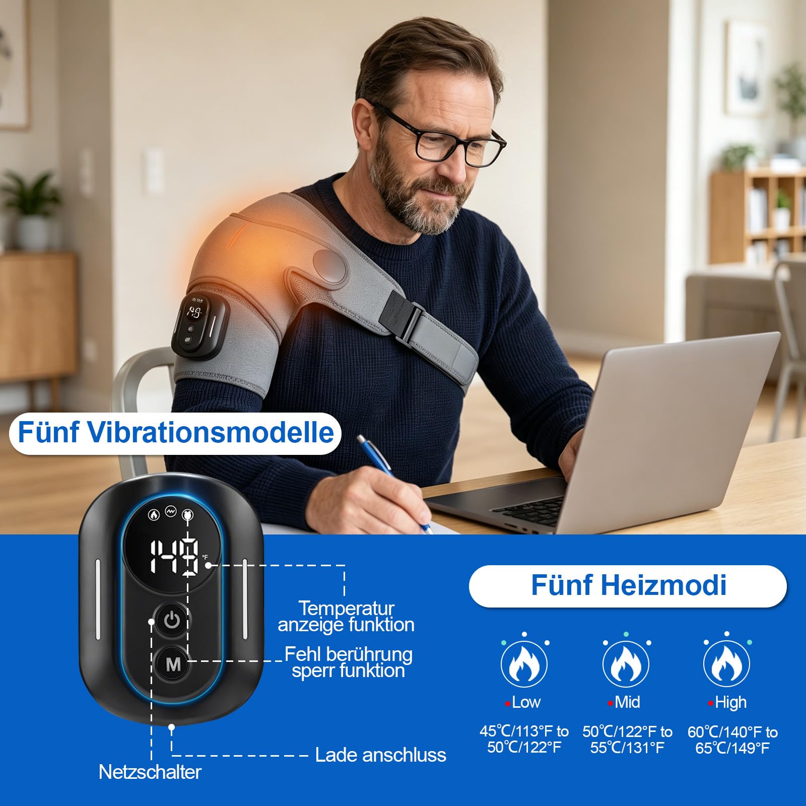 Schulter Massagegerät, 3-in-1 Massagegerät mit magnetischer Steuerung, Schulterbandage mit 5 Heizstufen & Vibration, 5000mAh Akku, 6600r/min Motor Schultermassagegerät für Zuhause & Büro, Grey