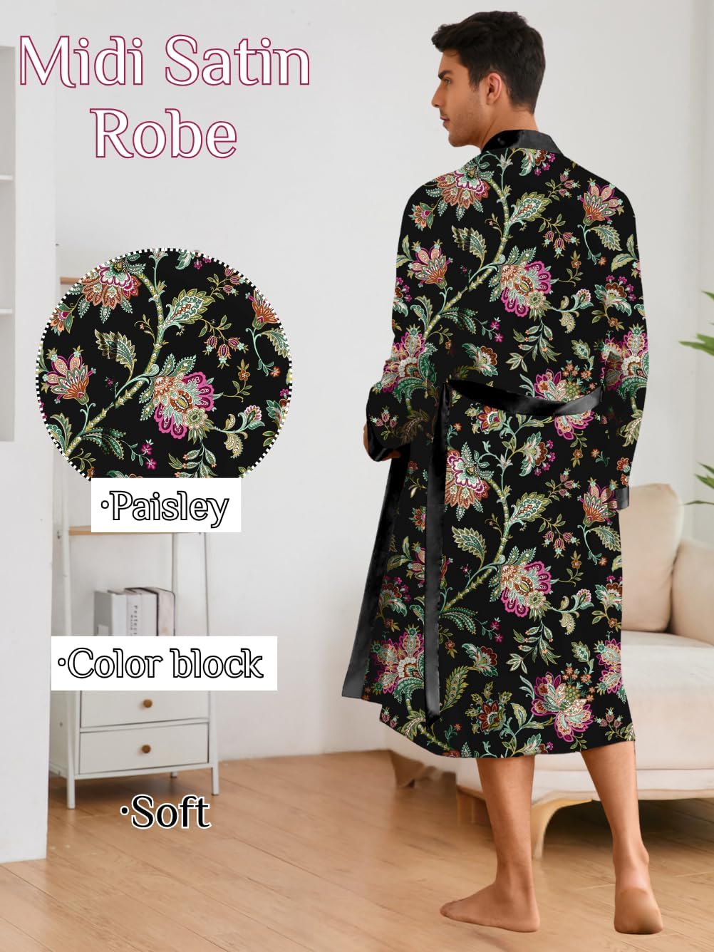 Men's Satin Kimono Robe Set with Shorts, Silk Lightweight Bathrobe with Belt, Luxury Long Sleeve Sleepwear - Image 3