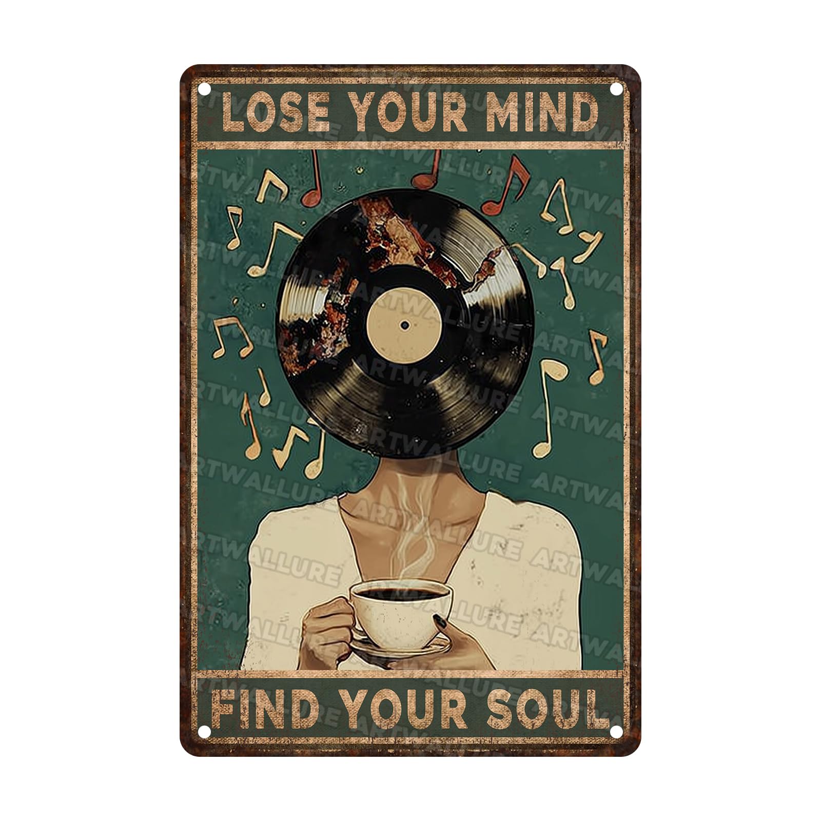 Metal Tin Sign Lose Your Mind Find Your Soul Funny Coffee Music Wall Art Decor For Cafe Bar Vinyl Records Rustic Plaque 8x12inch