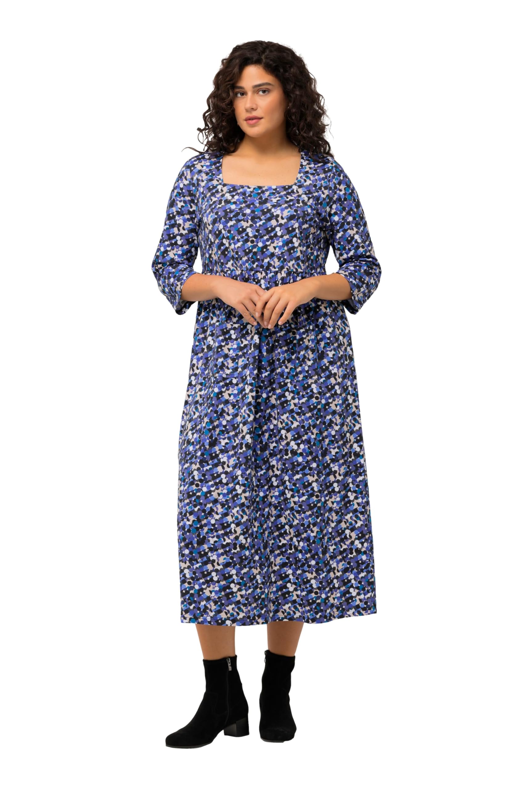 Ulla Popken Damen große Größen Übergrößen Plus Size Jerseykleid, Punkte, Carree-Ausschnitt, 3/4-Arm 825355