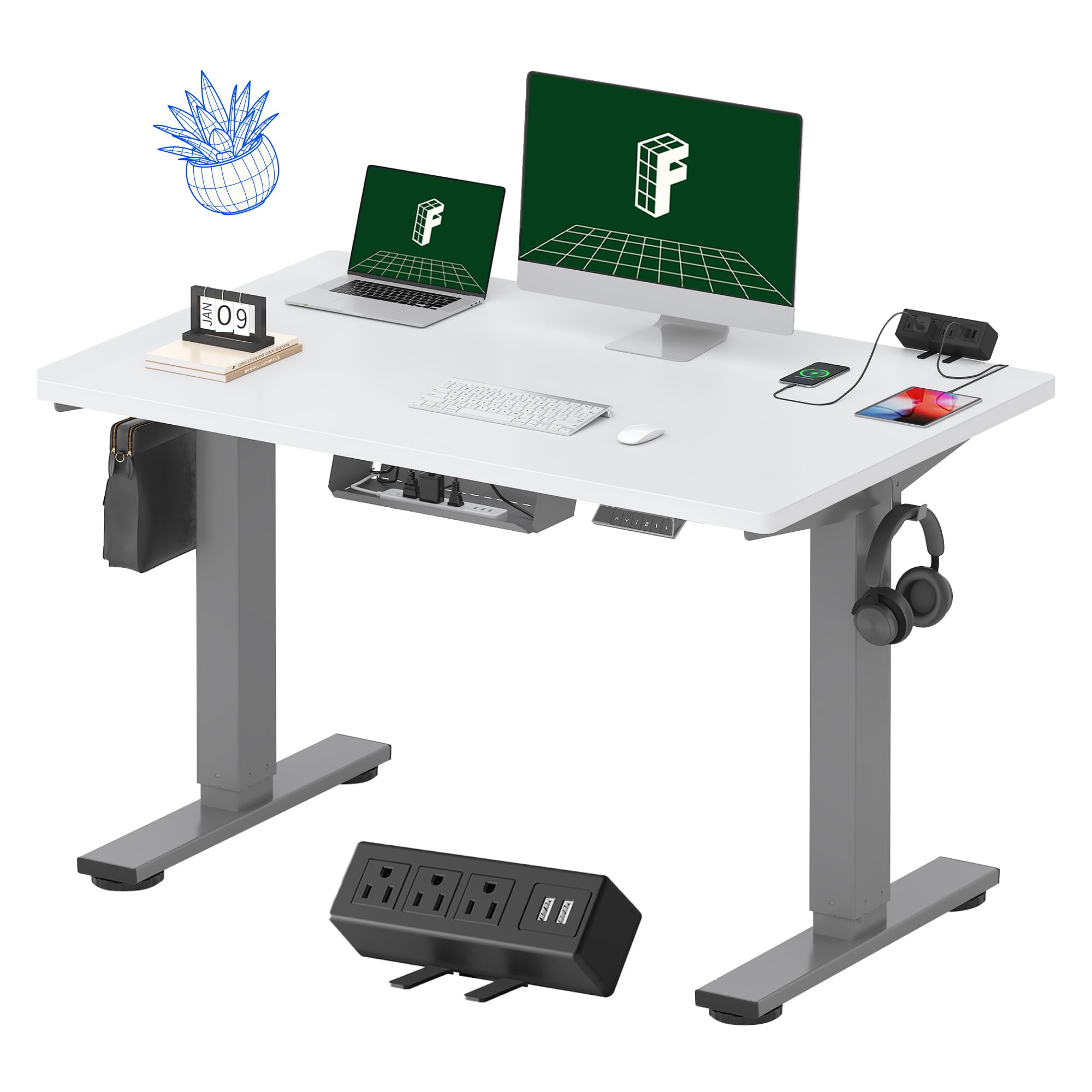 FLEXISPOT EN2 48"x30" Standing Desk with Power Strip Bundle, White