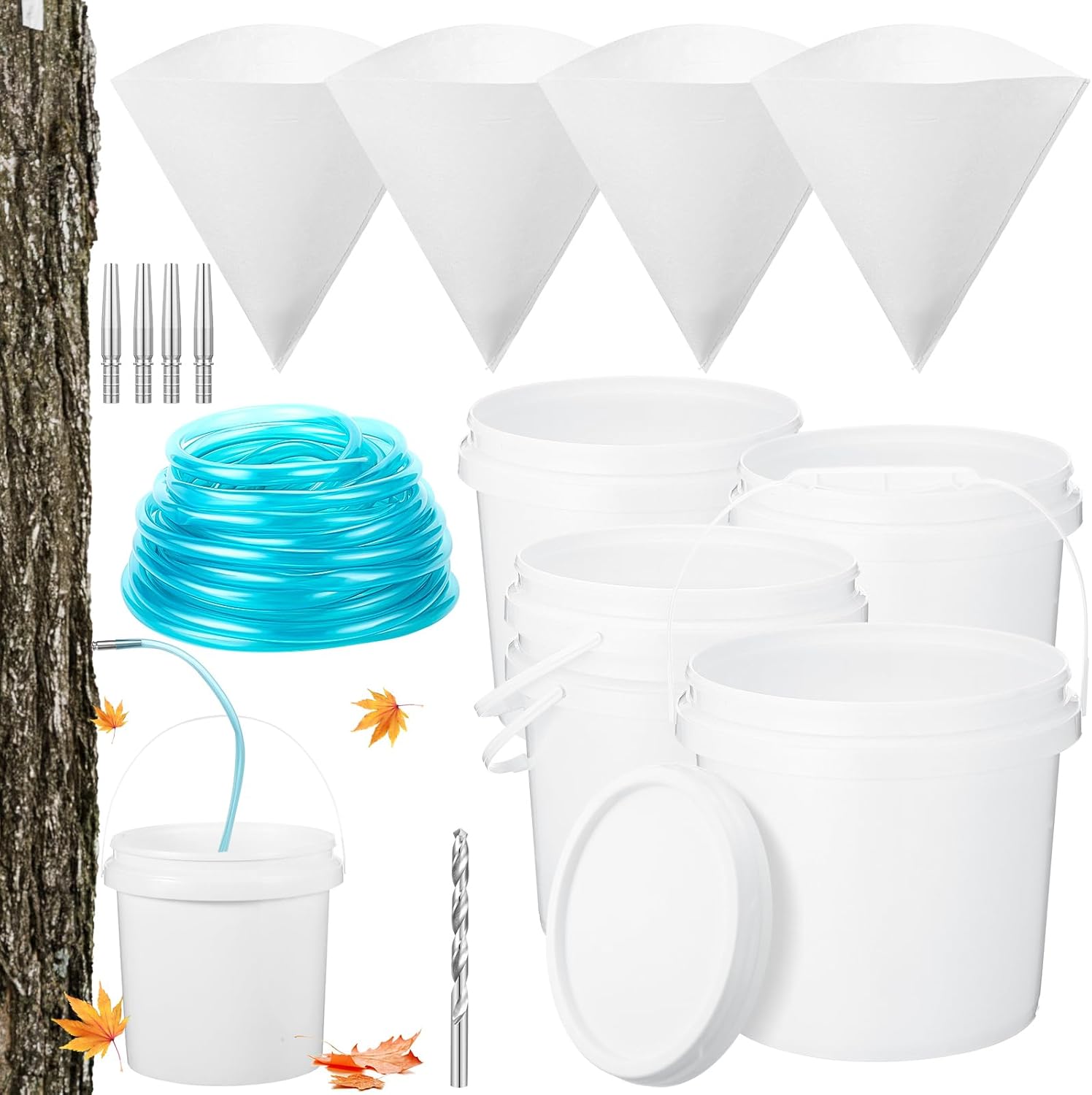 4 Sets Maple Syrup Tapping Kit Included 4 Buckets with Lid, 4 Metal Taps, 4 Filters, 1 Tube(32.8 Ft), 1 Tap & Drill Bit for Experts or Beginners Maple Birch Syrup Collection Supplies
