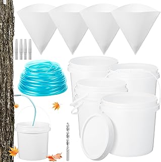 4 Sets Maple Syrup Tapping Kit Included 4 Buckets with Lid, 4 Metal Taps, 4 Filters, 1 Tube(32.8 Ft), 1 Tap & Drill Bit for Experts or Beginners Maple Birch Syrup Collection Supplies