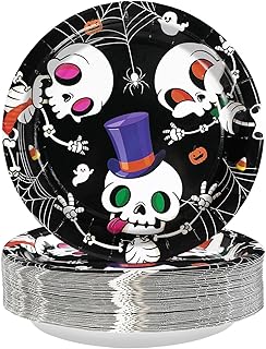 Grencian 50Pcs Halloween Skull Paper Plates 9 Inch Heavy Duty Spooky Ske...
